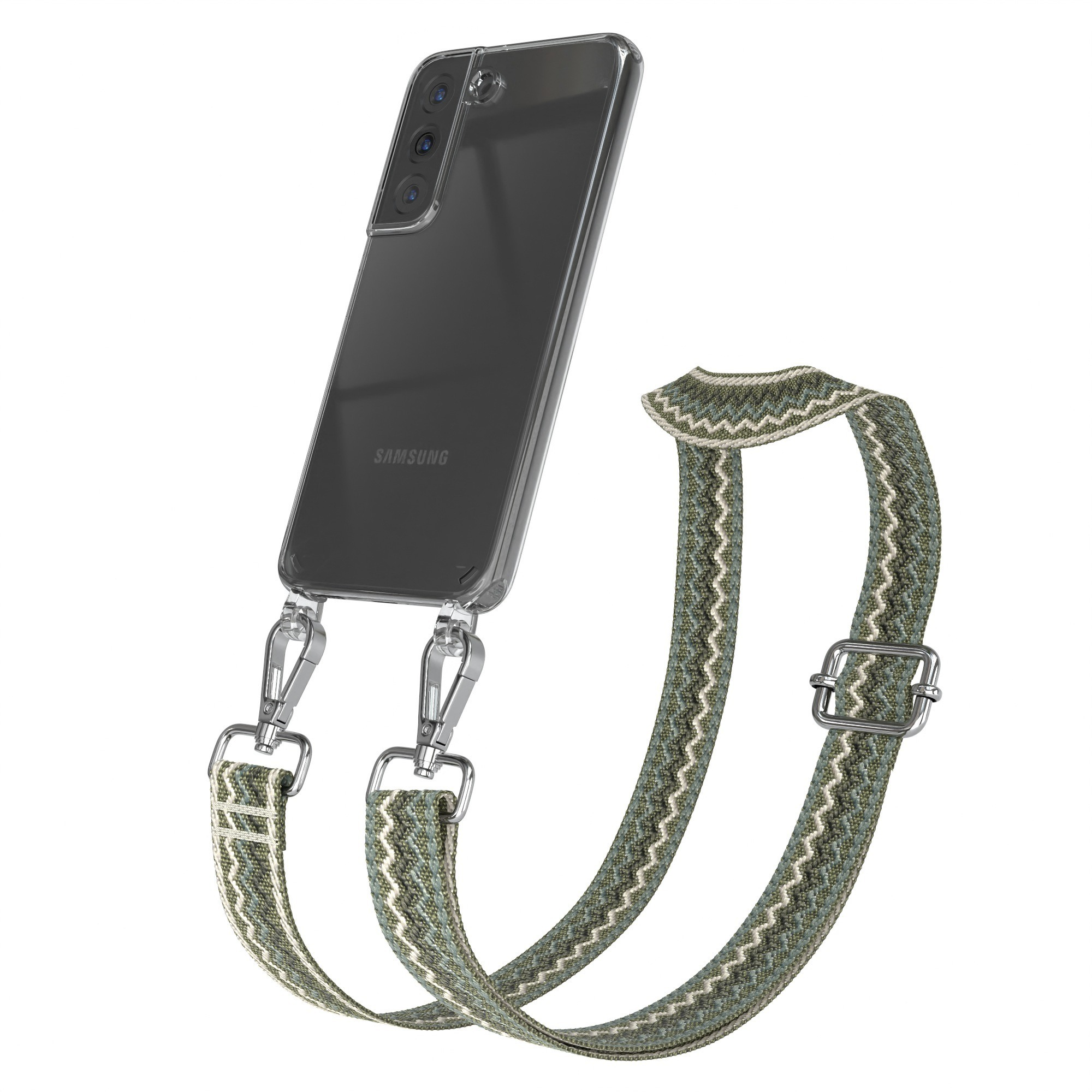Schwarzes Samsung-Handy in einer durchsichtigen Hülle, befestigt an einem grün-weiß gemusterten Riemen.