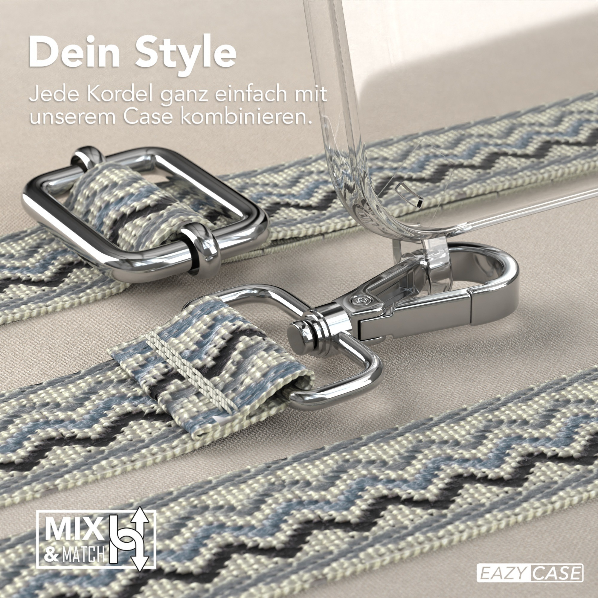 Handyhüllenriemen mit Metallverschluss. Der Riemen hat ein schwarz-blaues Muster.