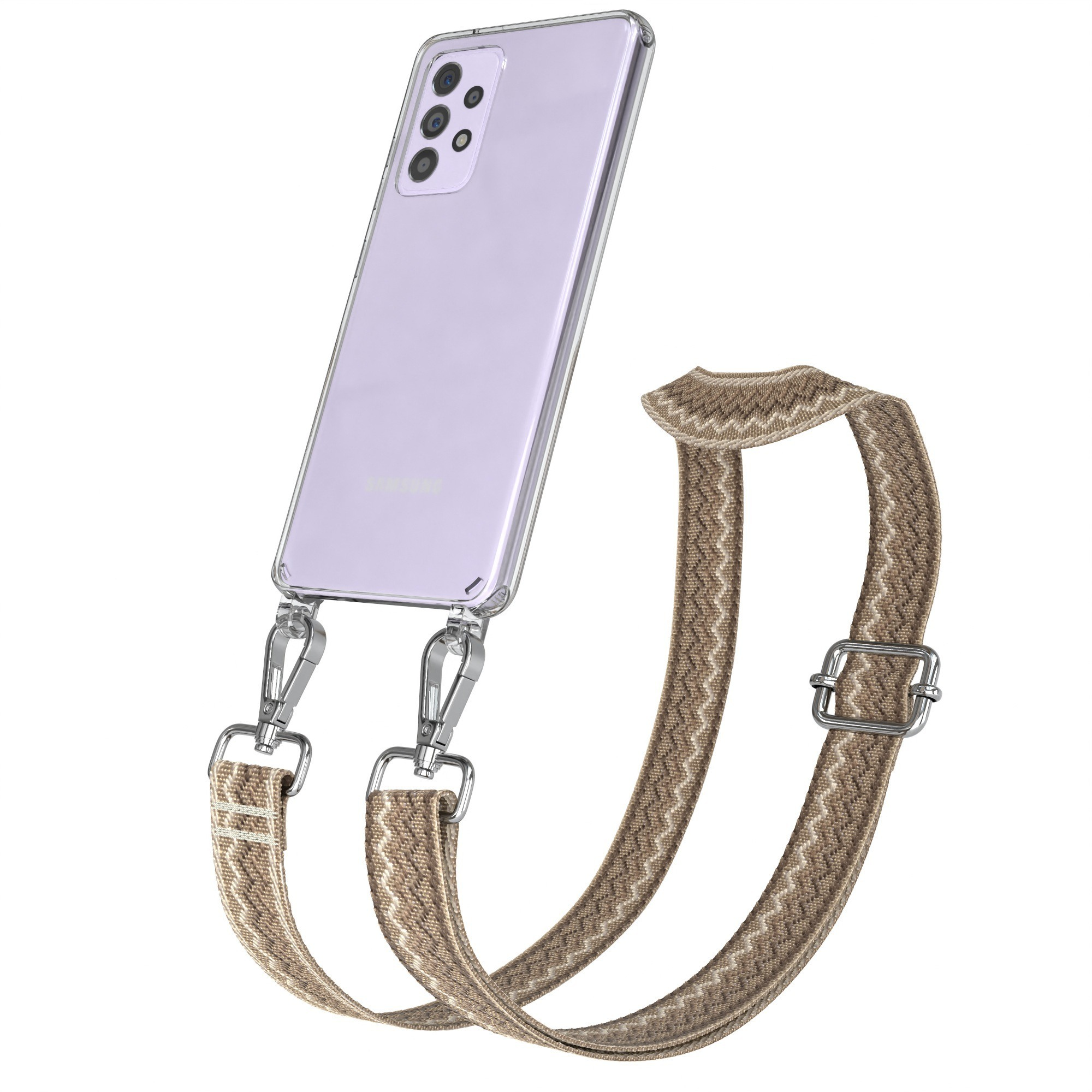 Telefon mit transparenter Hülle und Riemen. Der Riemen ist braun mit Zickzackmuster. Silberne Haken.