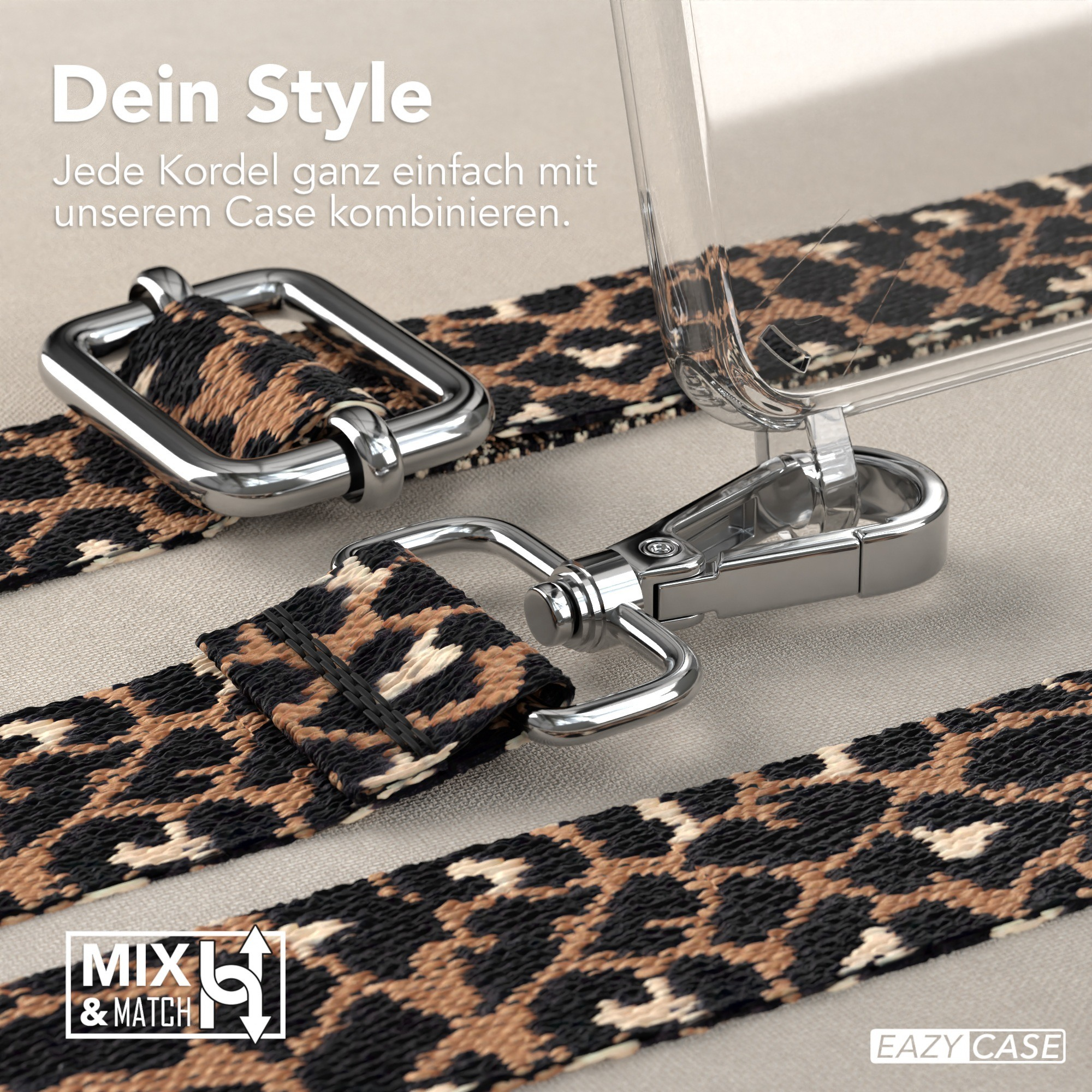 Handyhülle mit Leopardenmusterriemen und silberfarbener Hardware. Nahaufnahme zeigt Riemendetail und Logo.