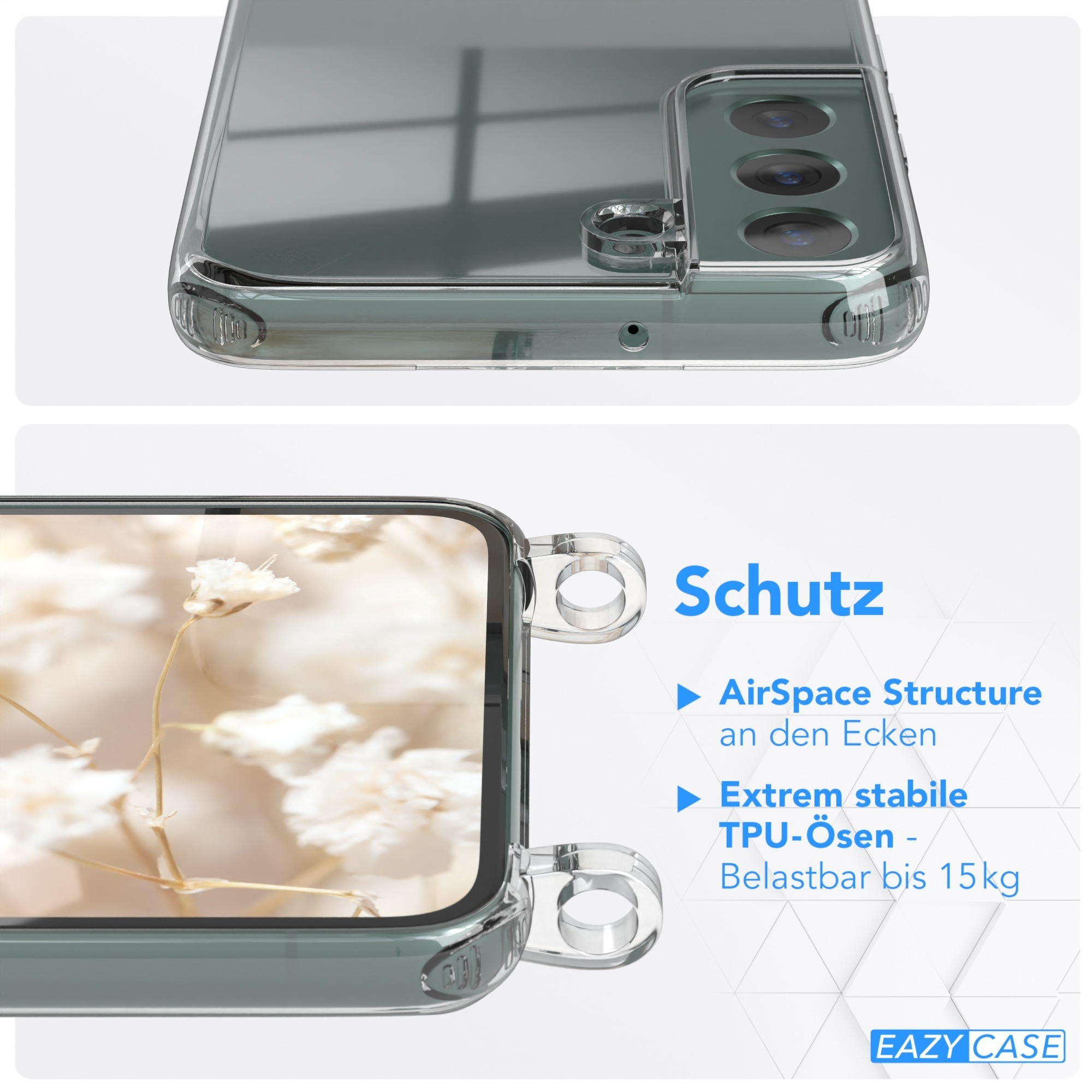 Nahaufnahme einer transparenten Handyhülle. Text: Schutz, AirSpace Structure, Extrem stabile TPU-Ösen, Belastbar bis 15 kg.