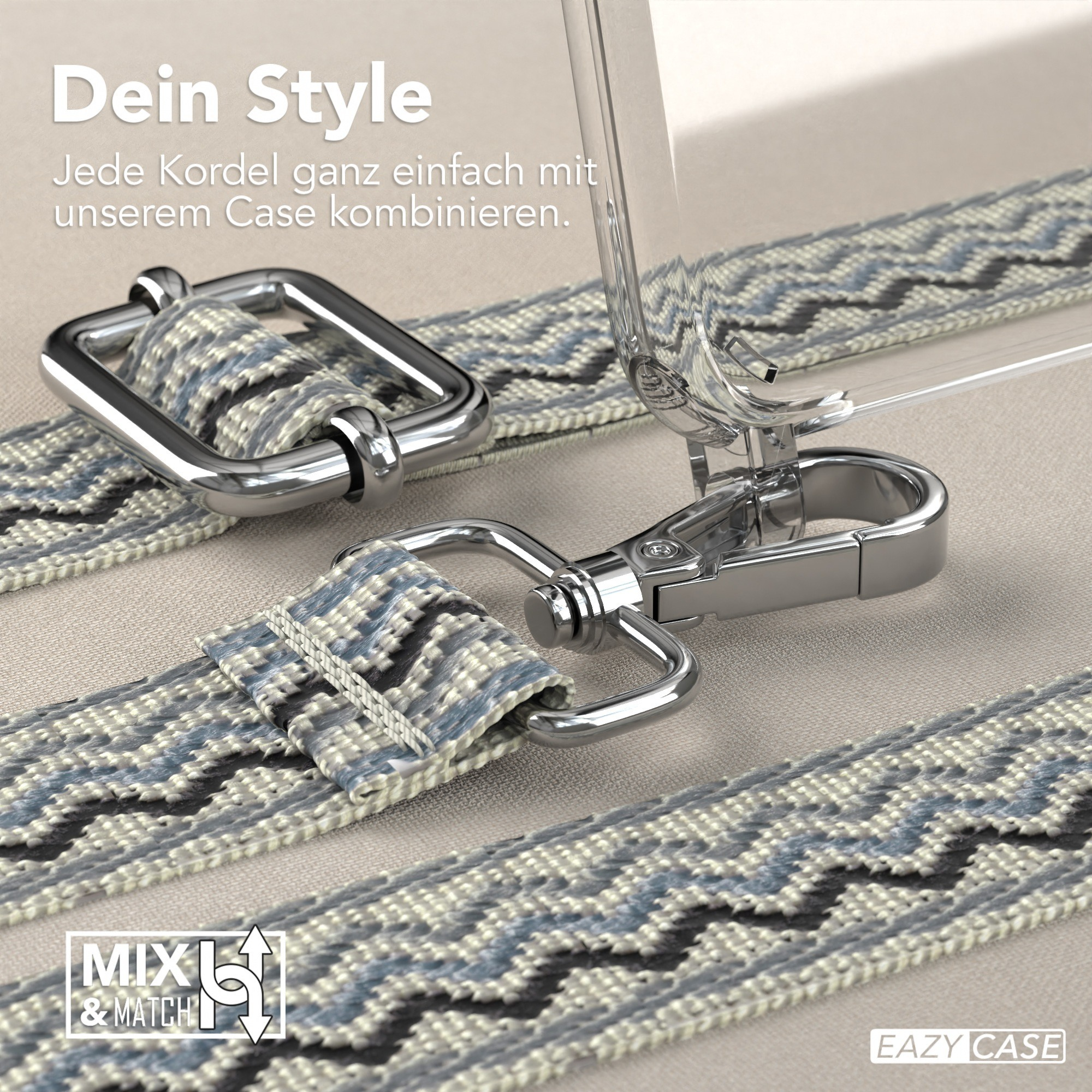 Handyhülle mit Trageriemen. Nahaufnahme des Riemens, der Hülle und eines Metallverschlusses. Der Riemen ist gemustert.