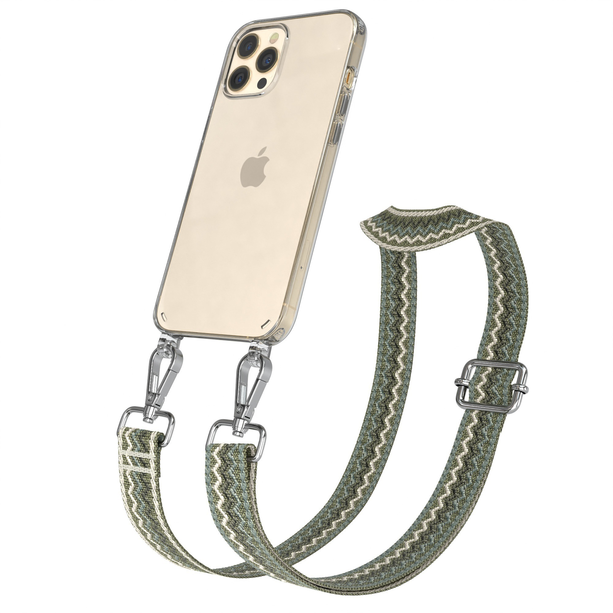 Transparente Handyhülle mit grünem Riemen und silberfarbener Hardware. Telefon sichtbar. Weißer Hintergrund.