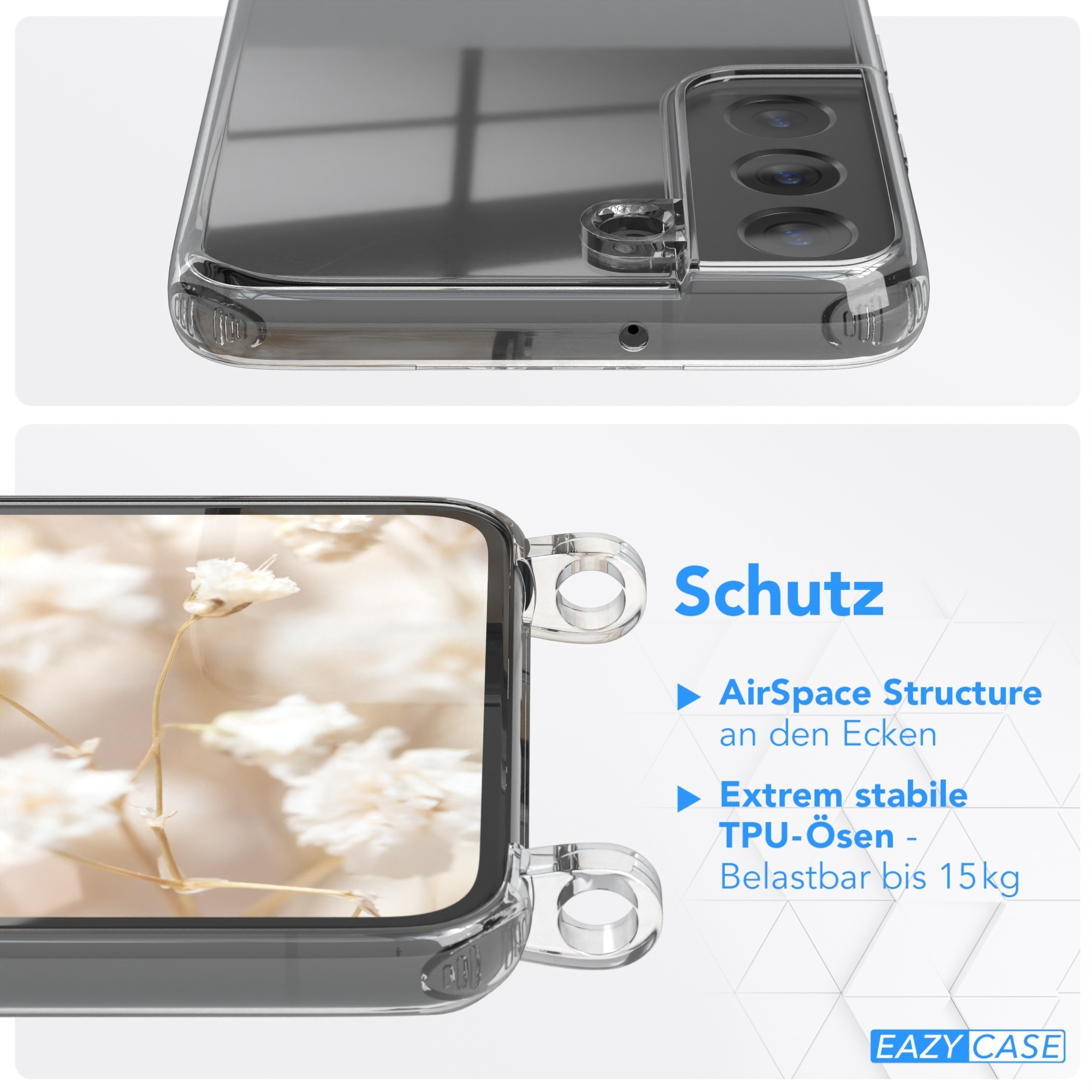 Klar Handyhülle, transparent, mit Schutzeigenschaften. Details der Hülle und des Telefons sind gezeigt.