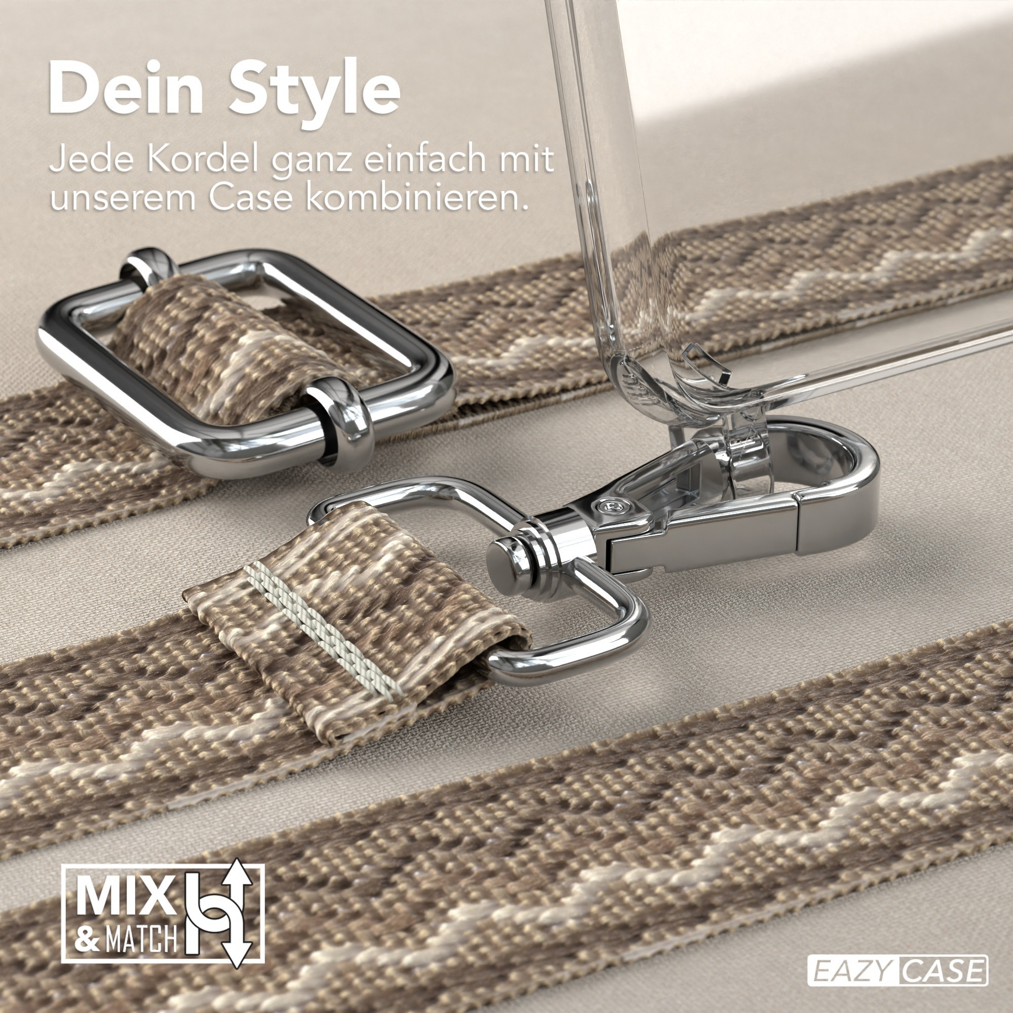 Nahaufnahme einer Handyhülle mit Band und Metallverschluss. Die Hülle ist transparent.