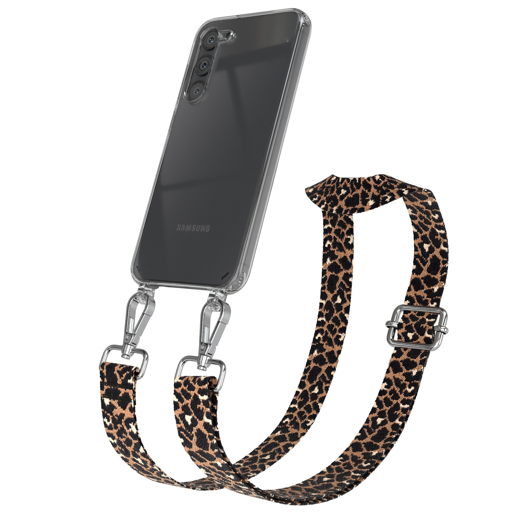 Telefon in klarer Hülle mit Leopardenmuster-Gurt.