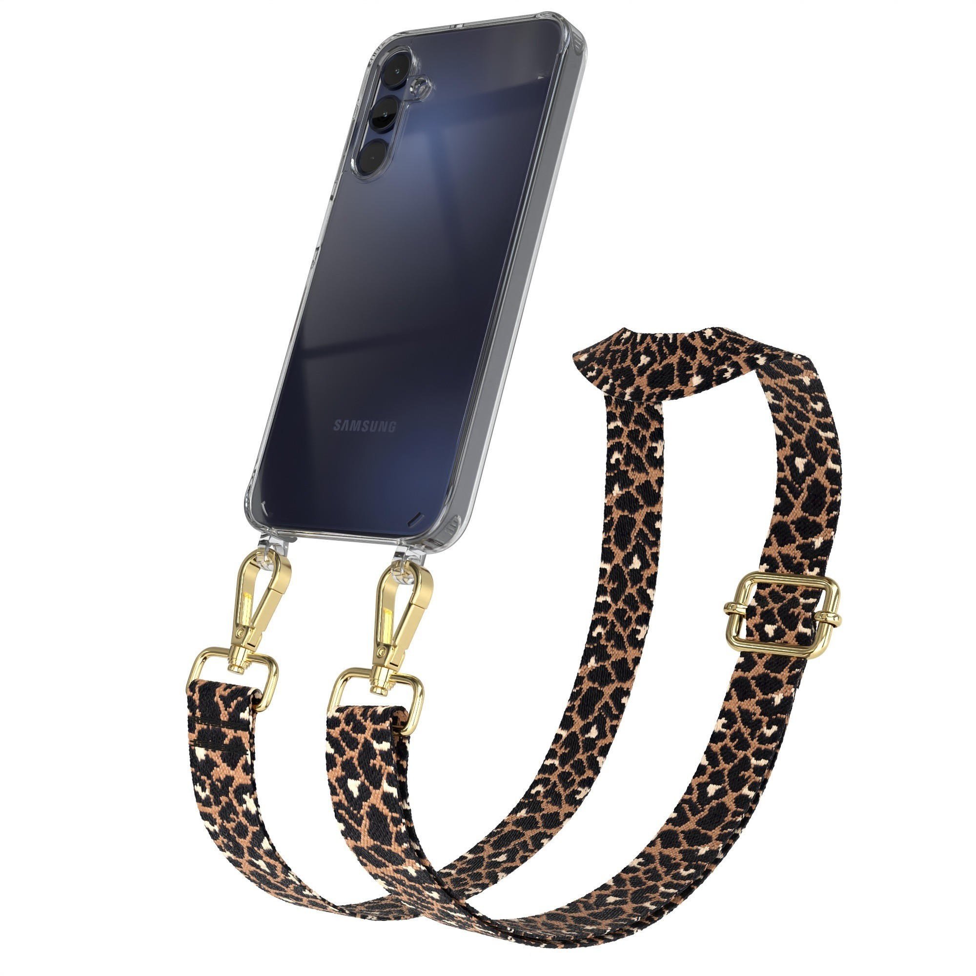 Transparente Handyhülle mit Leopardenmuster-Gurt, Telefon ist schwarz. Gurt hat goldene Hardware.