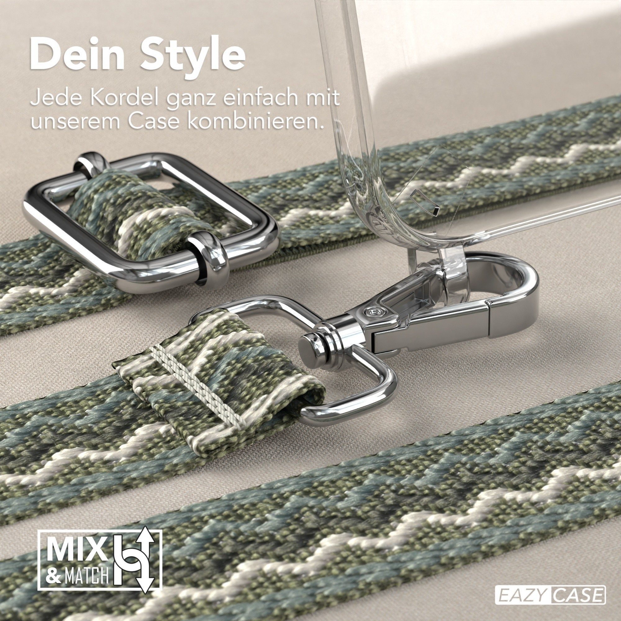 Handyhülle mit Band und Metallhaken. Nahaufnahme des Bandes und der Haken.