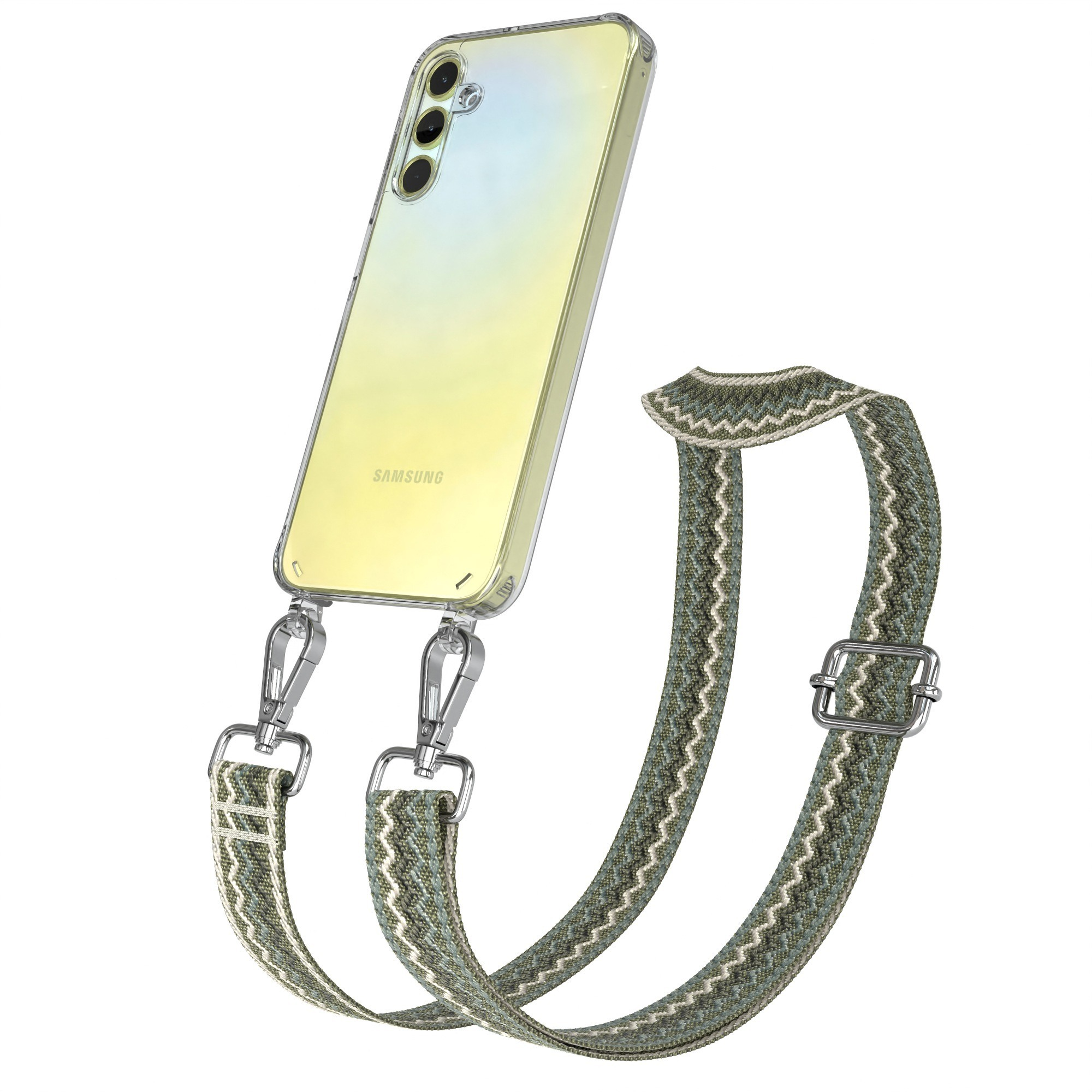 Transparente Handyhülle mit Telefon und einem Riemen mit Webmuster und silbernen Verschlüssen.