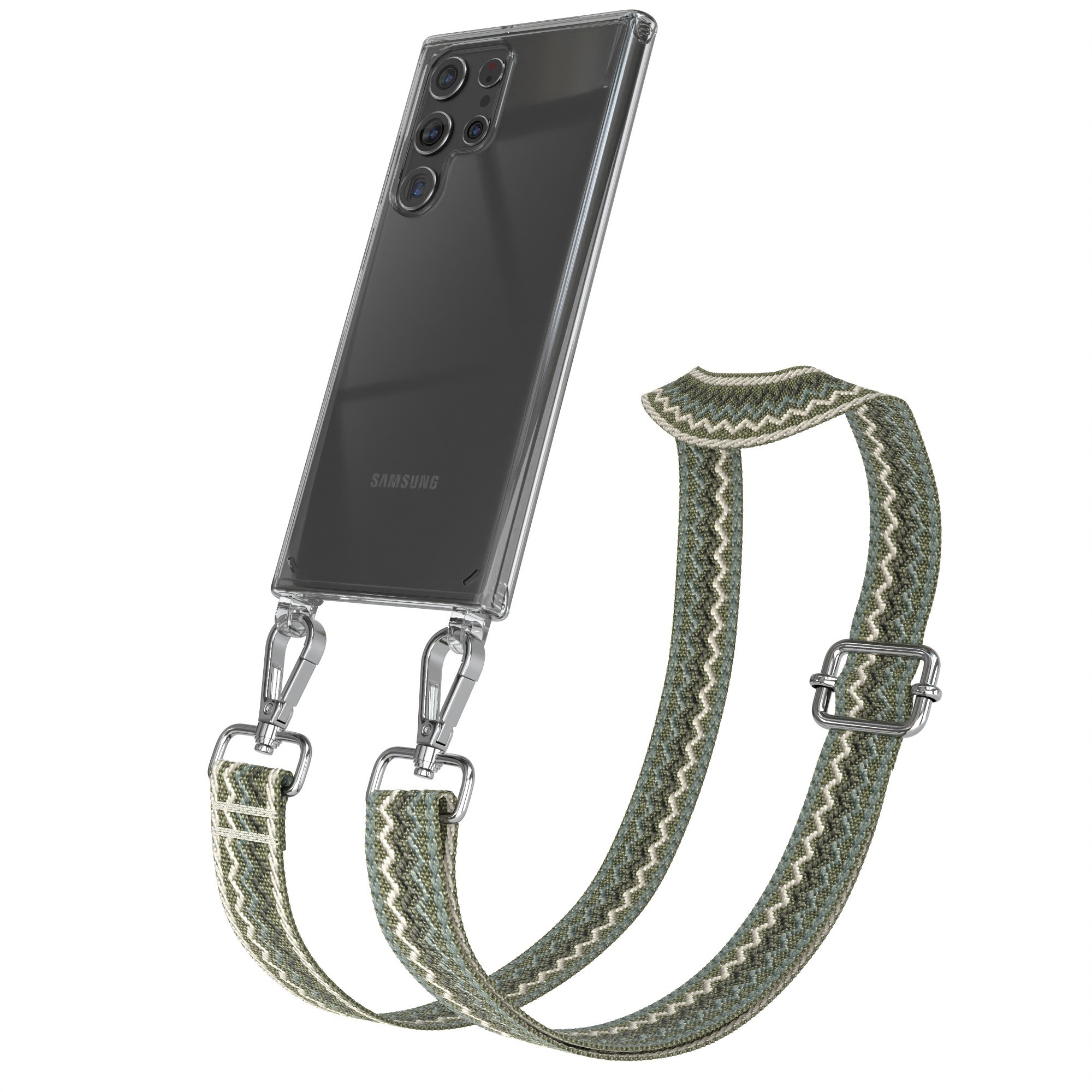 Klares Telefon mit grün gemustertem Riemen. Silberne Verschlüsse und Schnalle. Weißer Hintergrund.