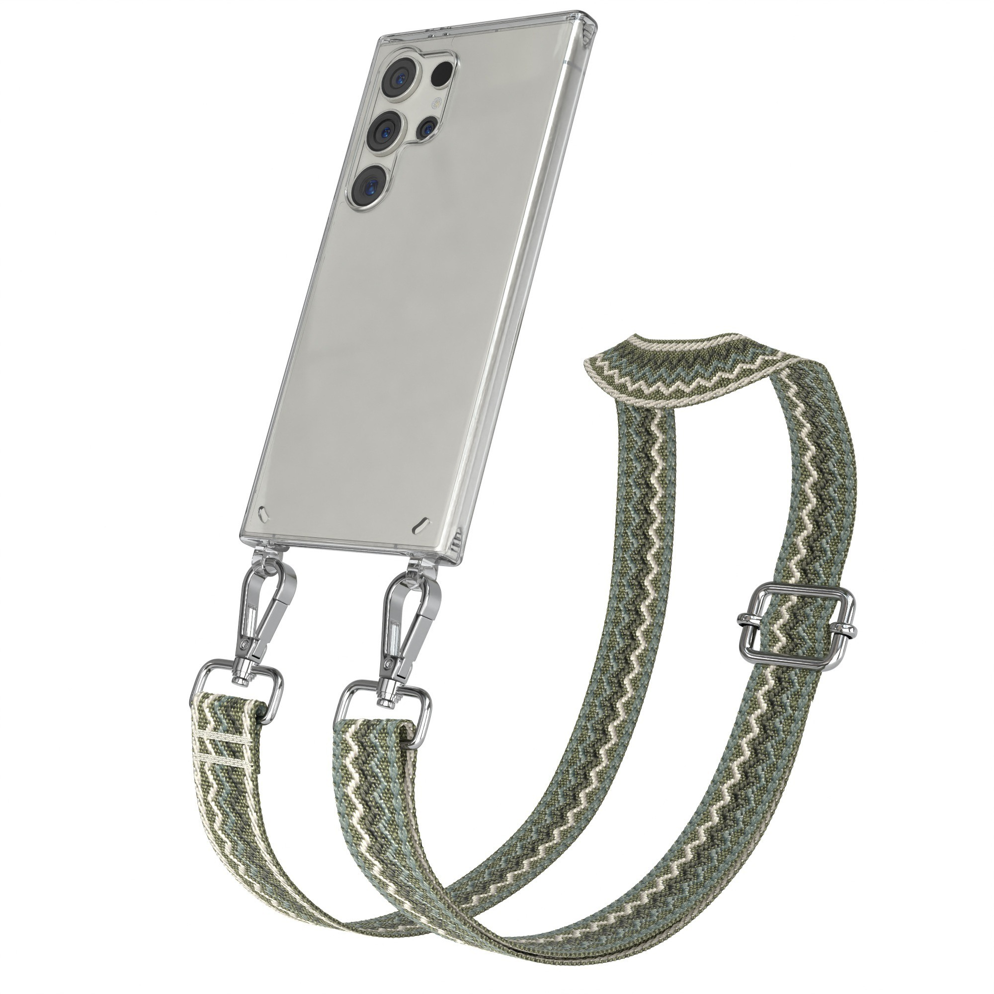 Ein Telefon mit klarer Hülle und Stoffband. Das Band ist grün und weiß.