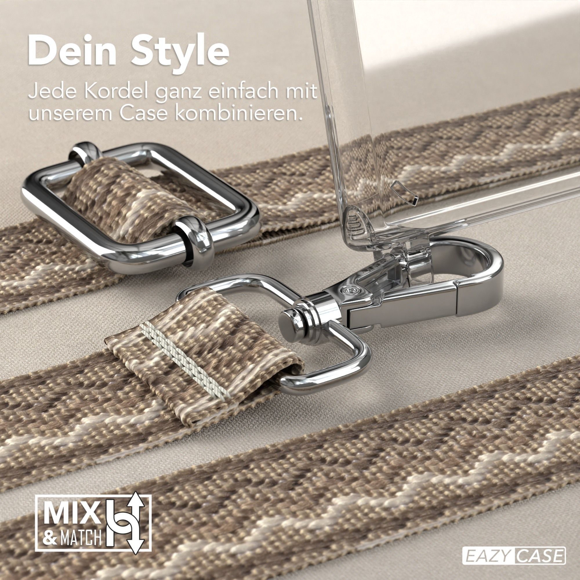 Nahaufnahme eines Telefonhüllenriemens mit silberner Schnalle und Verschlüssen. Beige-brauner Riemen.