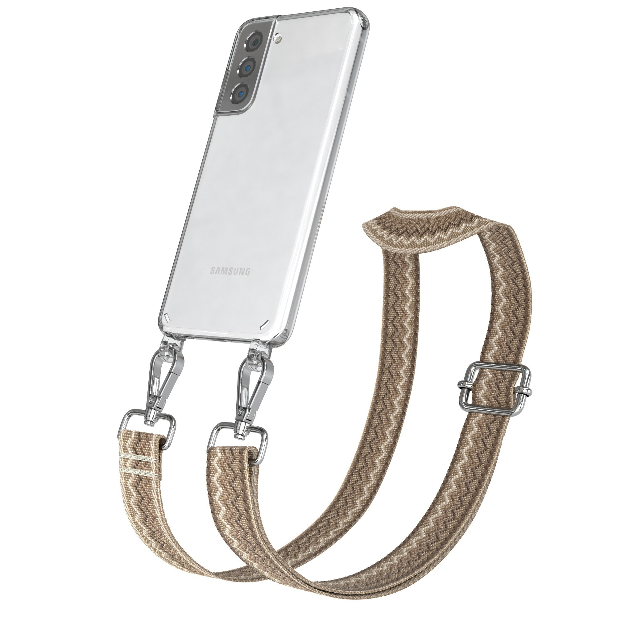 Eine Handyhülle mit einem Riemen. Der Riemen ist braun und beige mit silberner Hardware. Das Telefon ist klar.