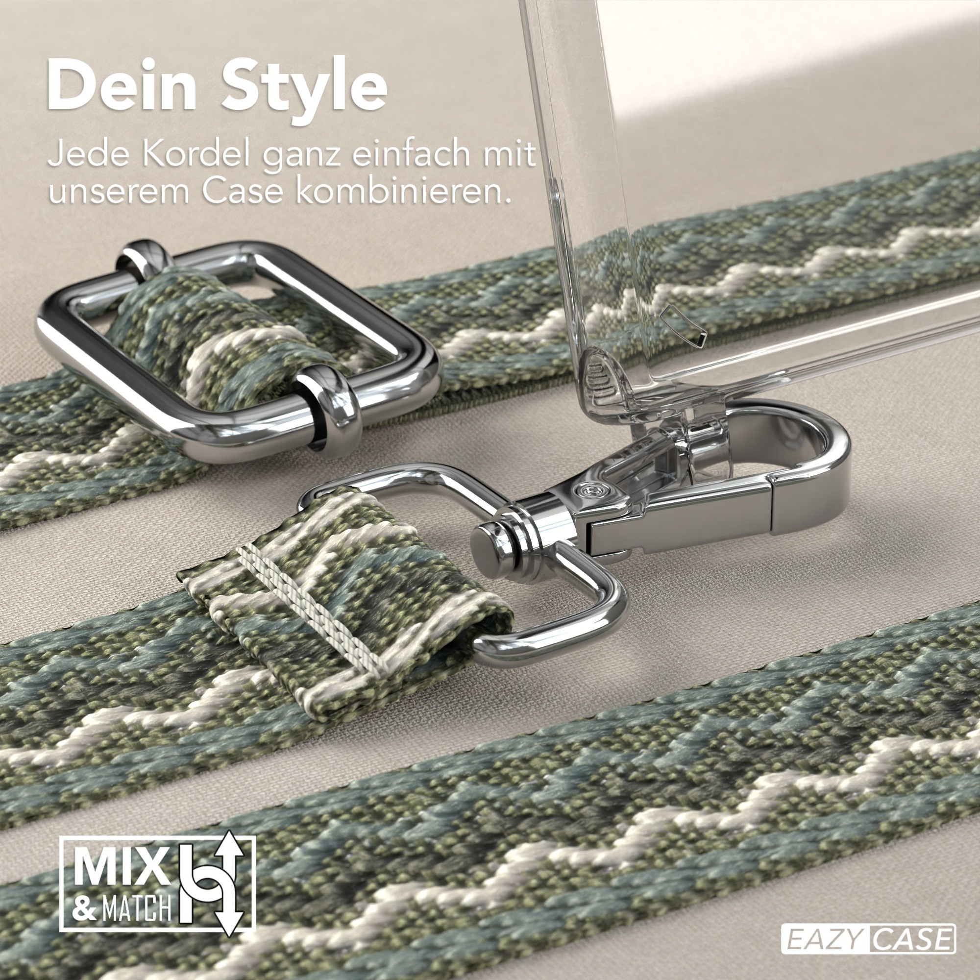 Nahaufnahme einer Handyhülle mit gemustertem Riemen und Metallverschlüssen, vor hellem, beigen Hintergrund.