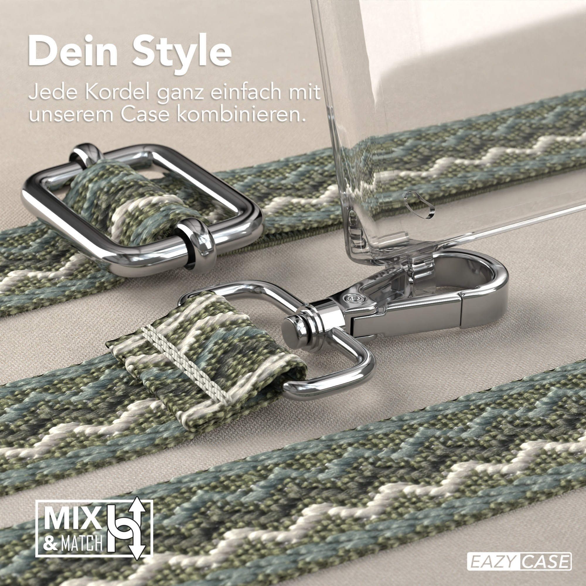 Nahaufnahme von Handyhüllenriemen und Hardware. Text: Dein Style. Mix and Match. Kombinieren Sie mit unserer Hülle.