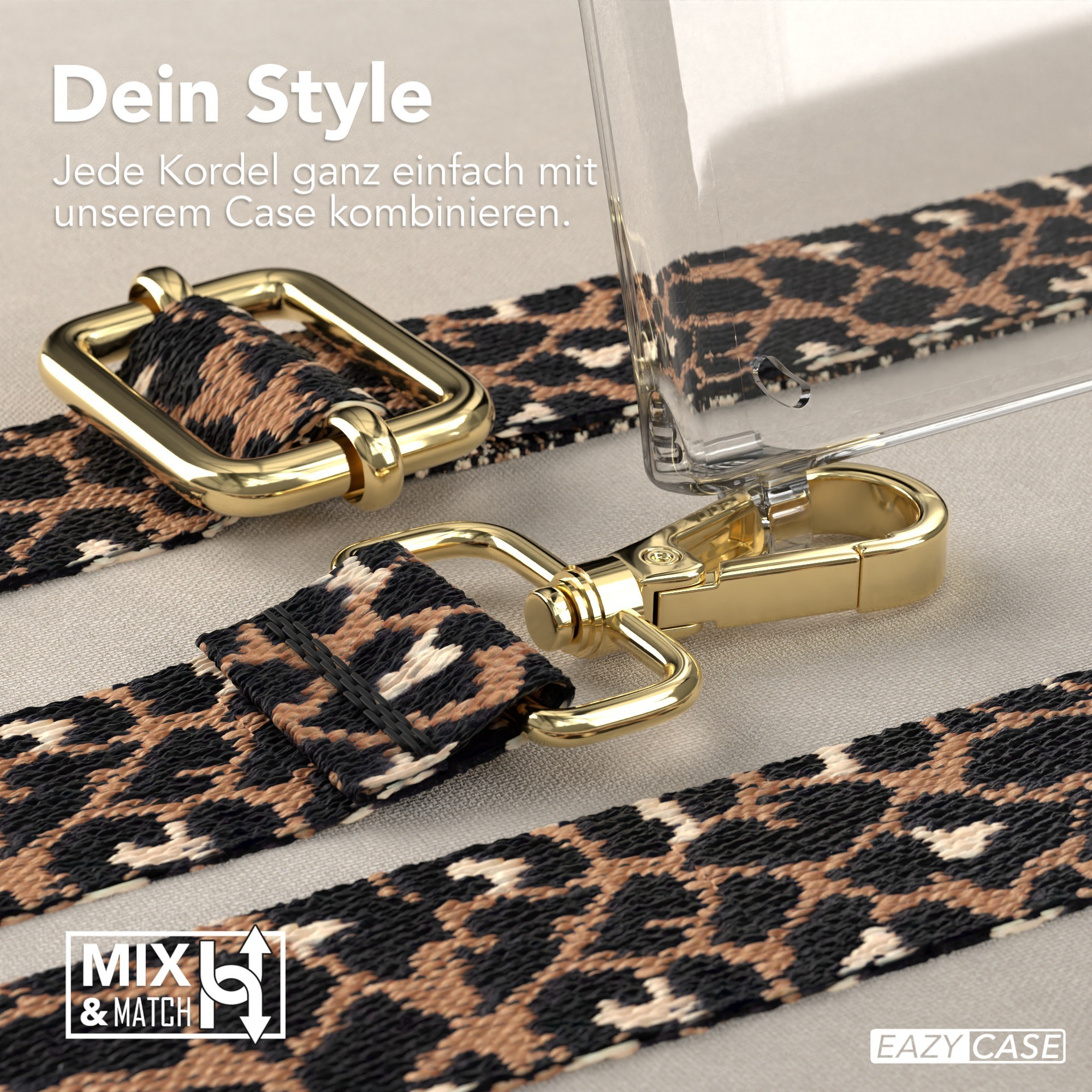 Nahaufnahme einer Handyhülle mit Leopardenmusterband und goldfarbener Hardware.