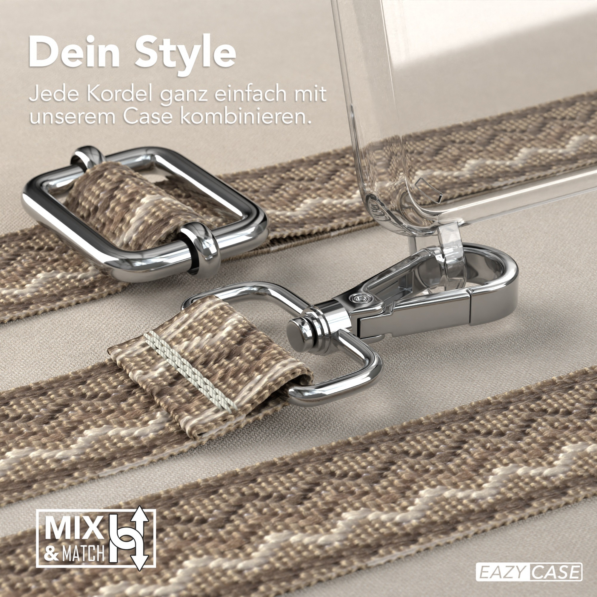Beige Riemen mit silbernen Haken und transparentem Handycase.