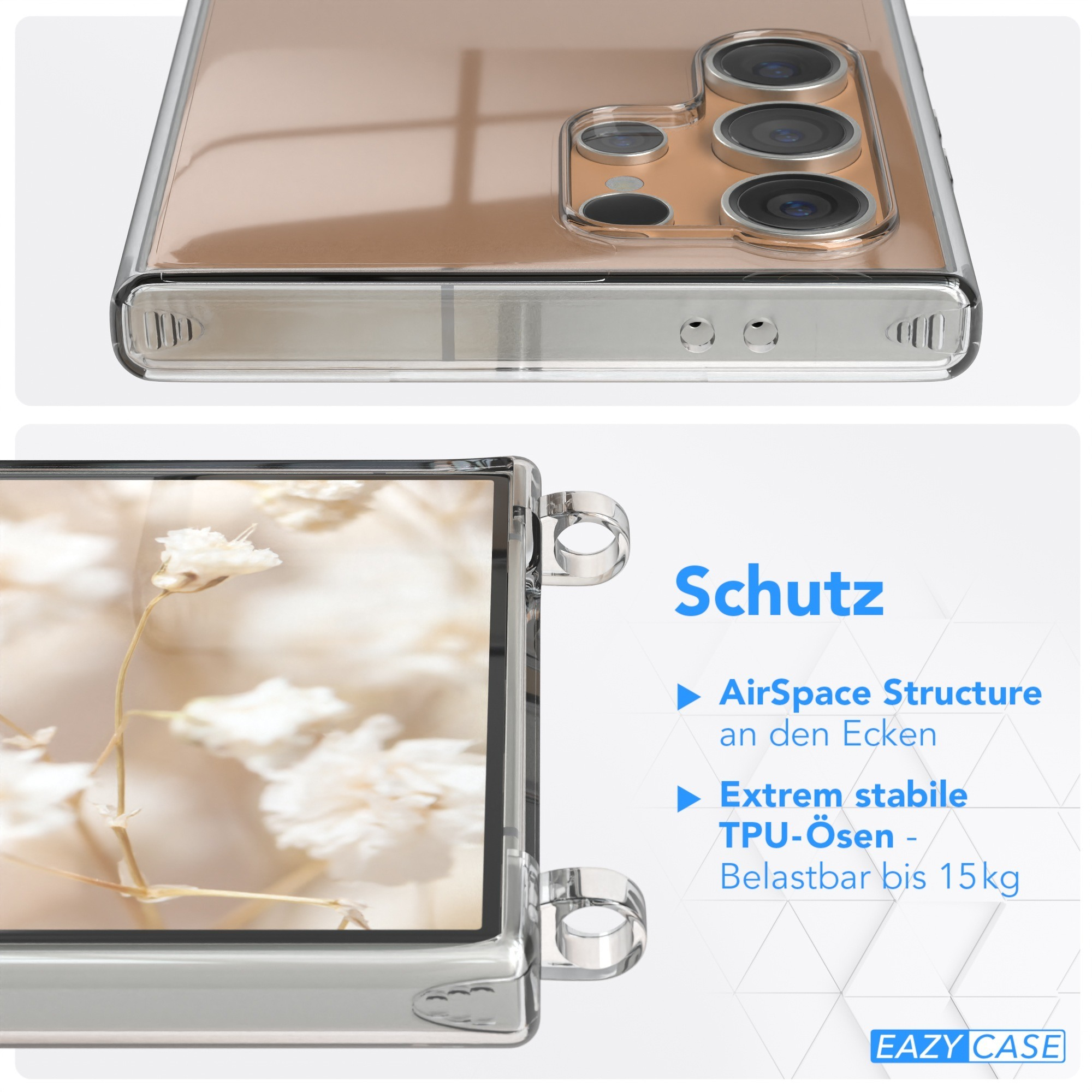 Klares Handycase mit Ecken und TPU-Ösen. Verschwommener Hintergrund mit weißen Blumen.