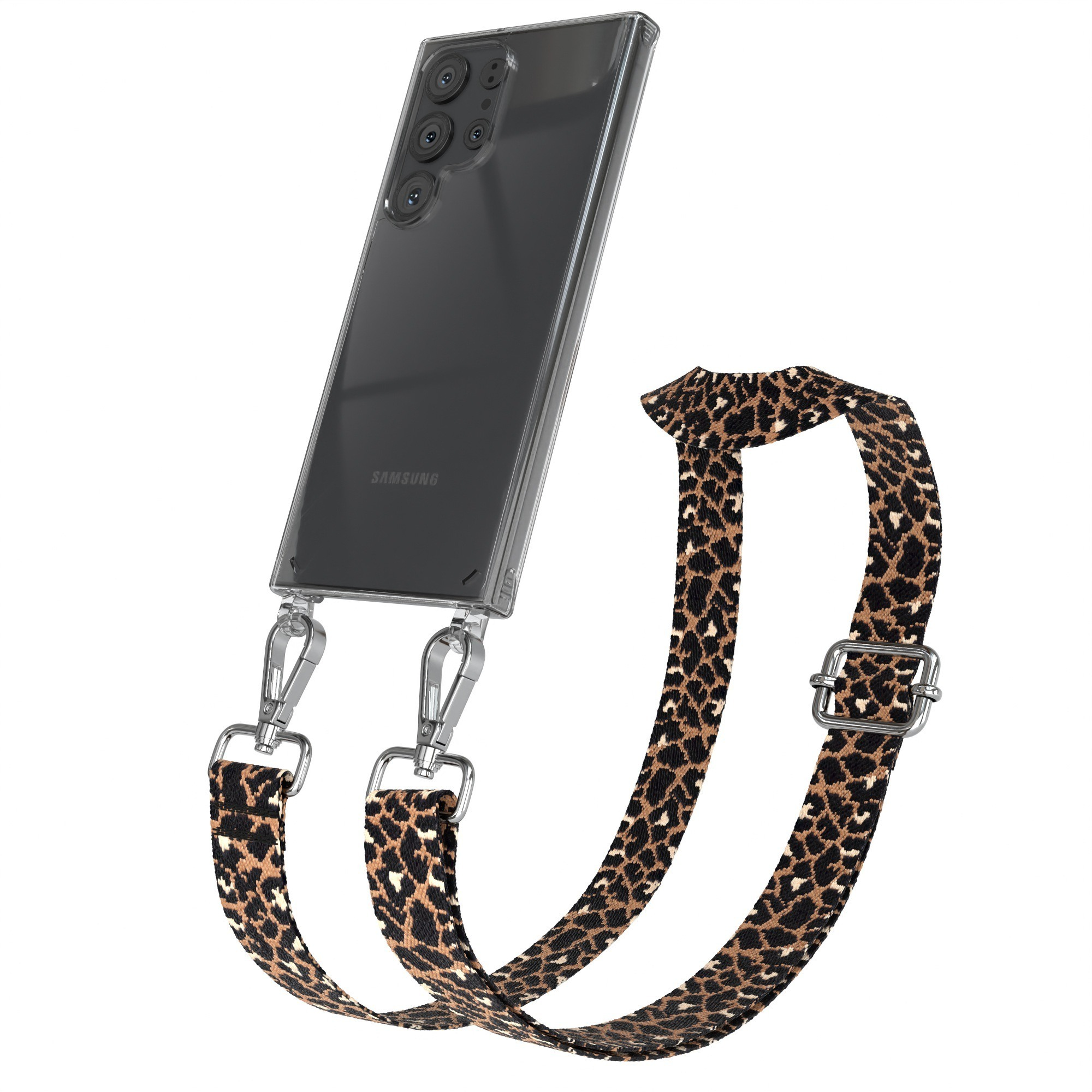 Telefon mit durchsichtiger Hülle und Leopardenmuster-Riemen. Riemen hat schwarze und braune Flecken. Silberne Metallverschlüsse und Schnalle.