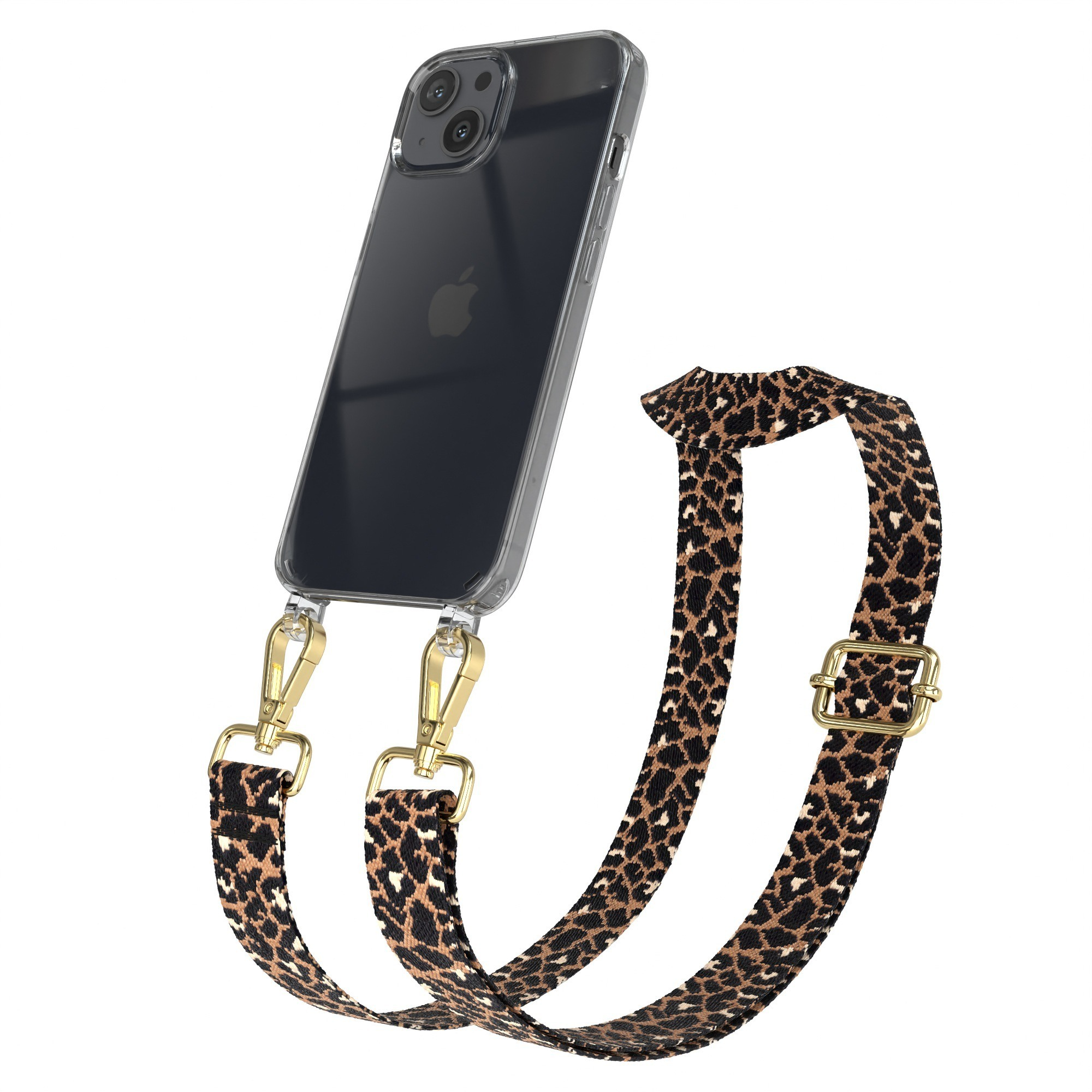 Schwarzes Telefon in klarer Hülle, Leopardenmusterriemen, goldene Haken, abgewinkelt, vor weißem Hintergrund.
