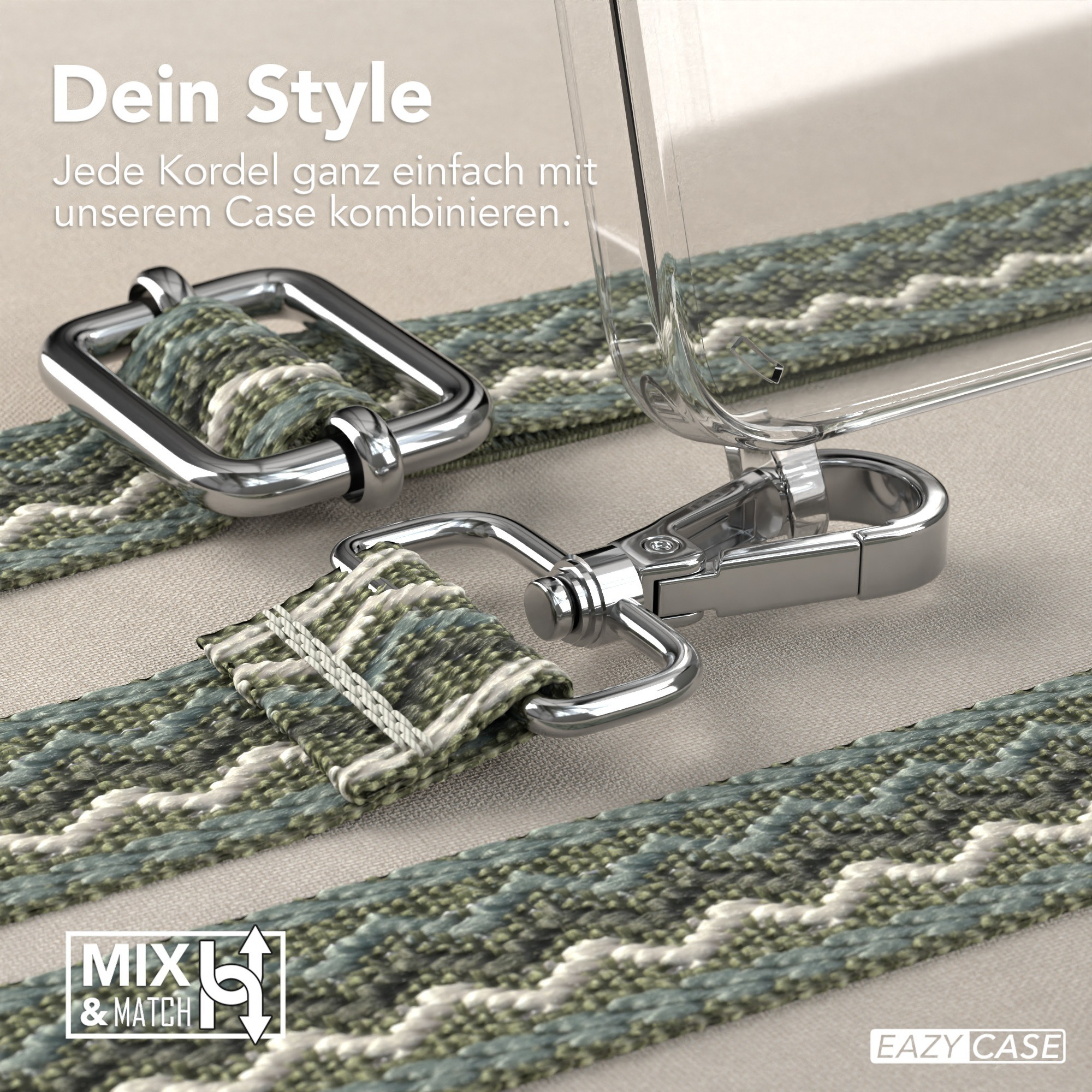 Nahaufnahme einer Handyhülle mit Trageriemen, Metallverschlüssen und Mix & Match Logo.