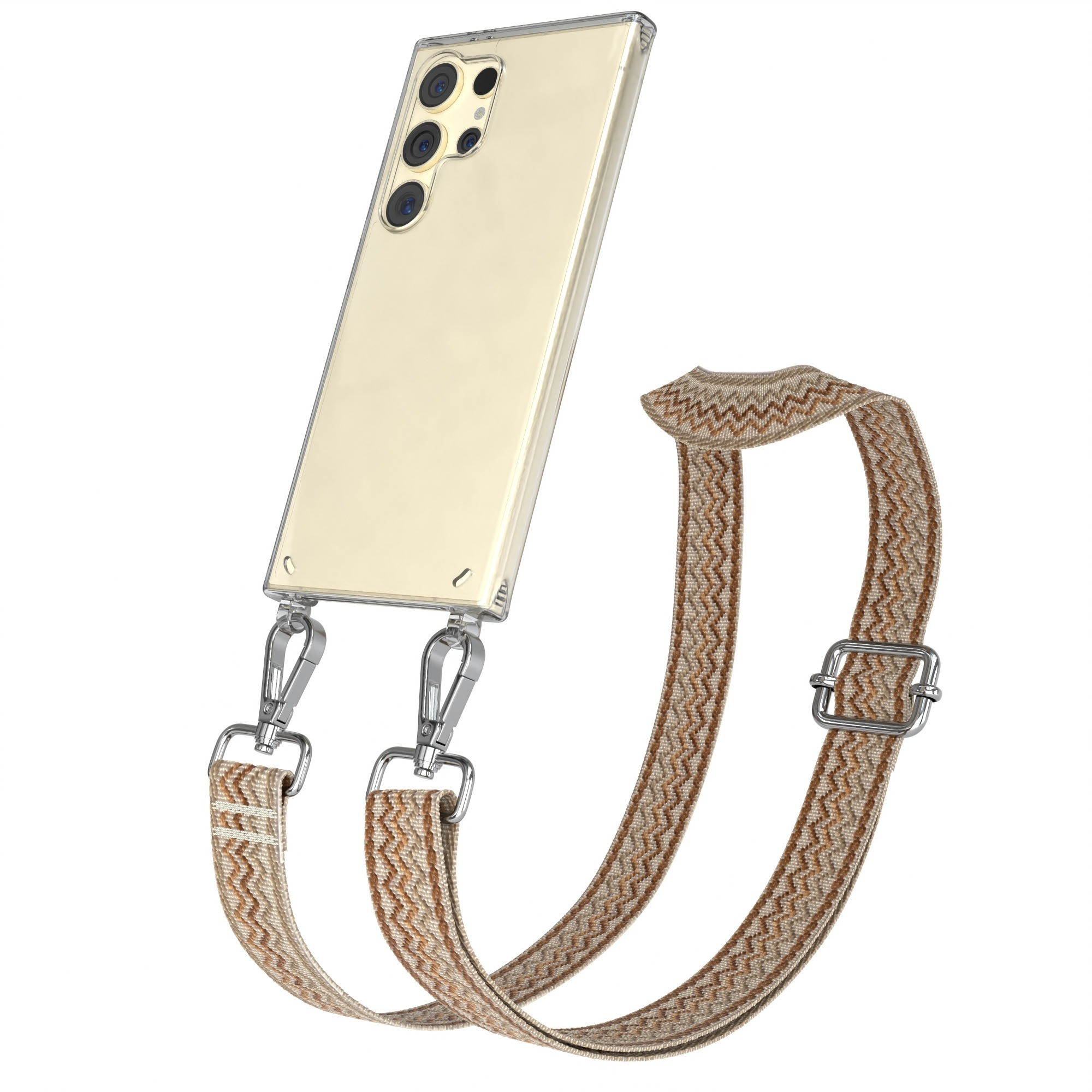 Eine Handyhülle mit einem Riemen. Der Riemen ist braun und beige mit silberner Hardware. Das Telefon ist golden und klar.