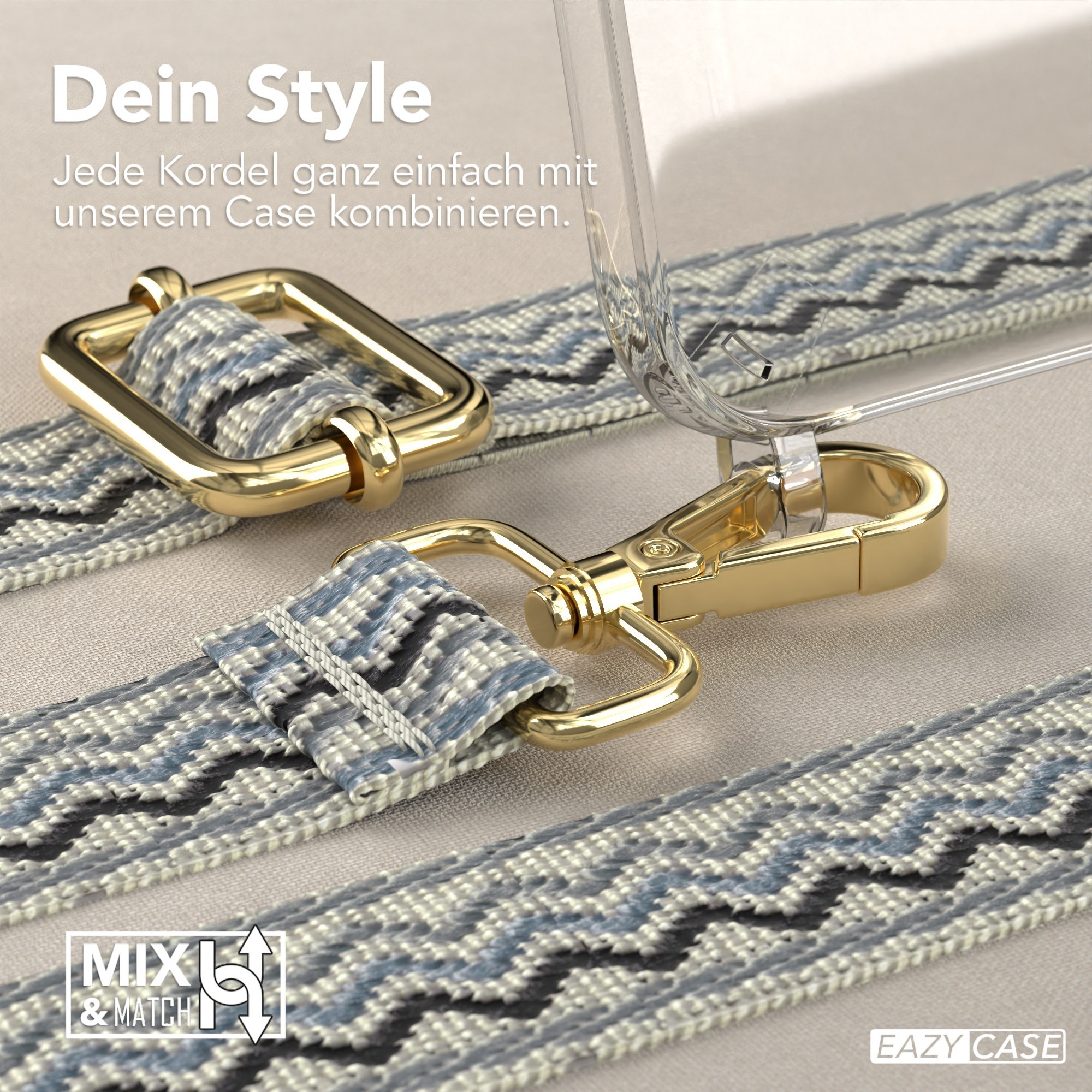 Blaue Riemen mit goldenen Haken und transparentem Handycase.