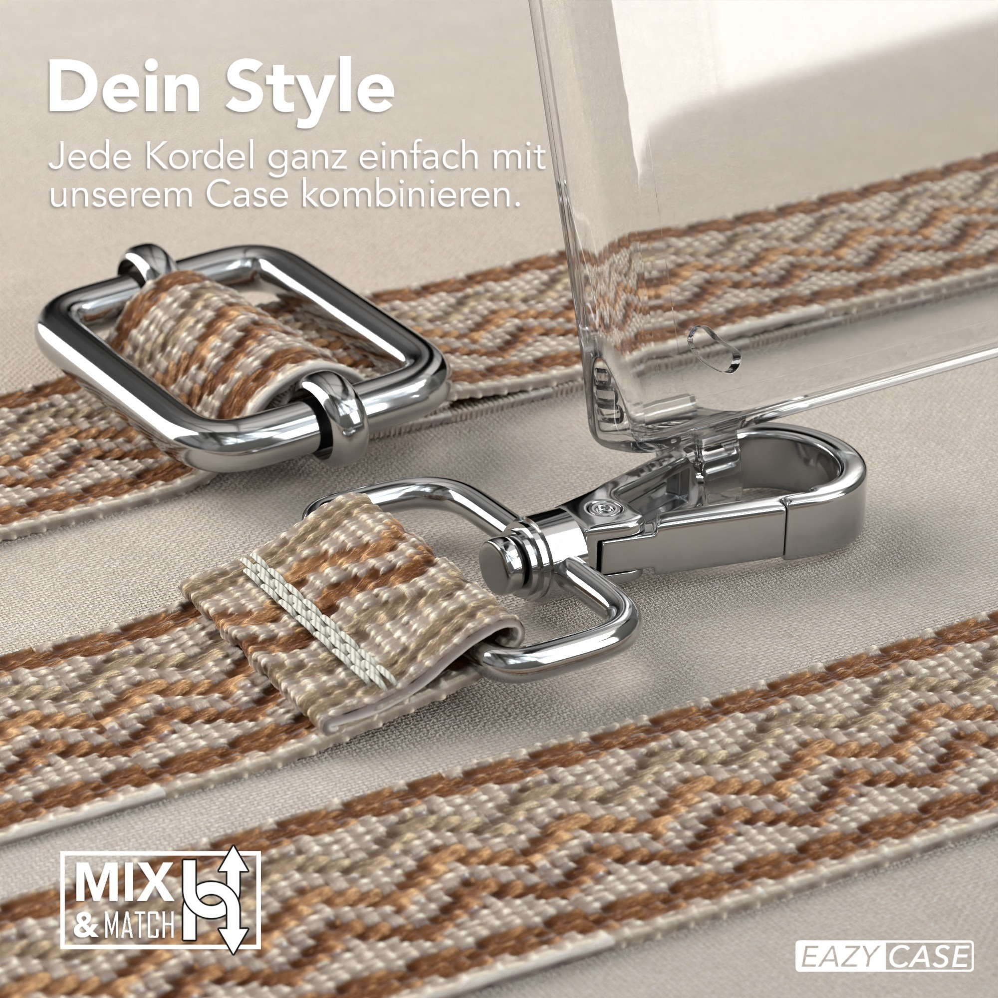 Nahaufnahme von goldener Handyhüllen-Hardware und -Trägern. Beige und weiß gemusterte Träger. Mix-and-Match-Design.
