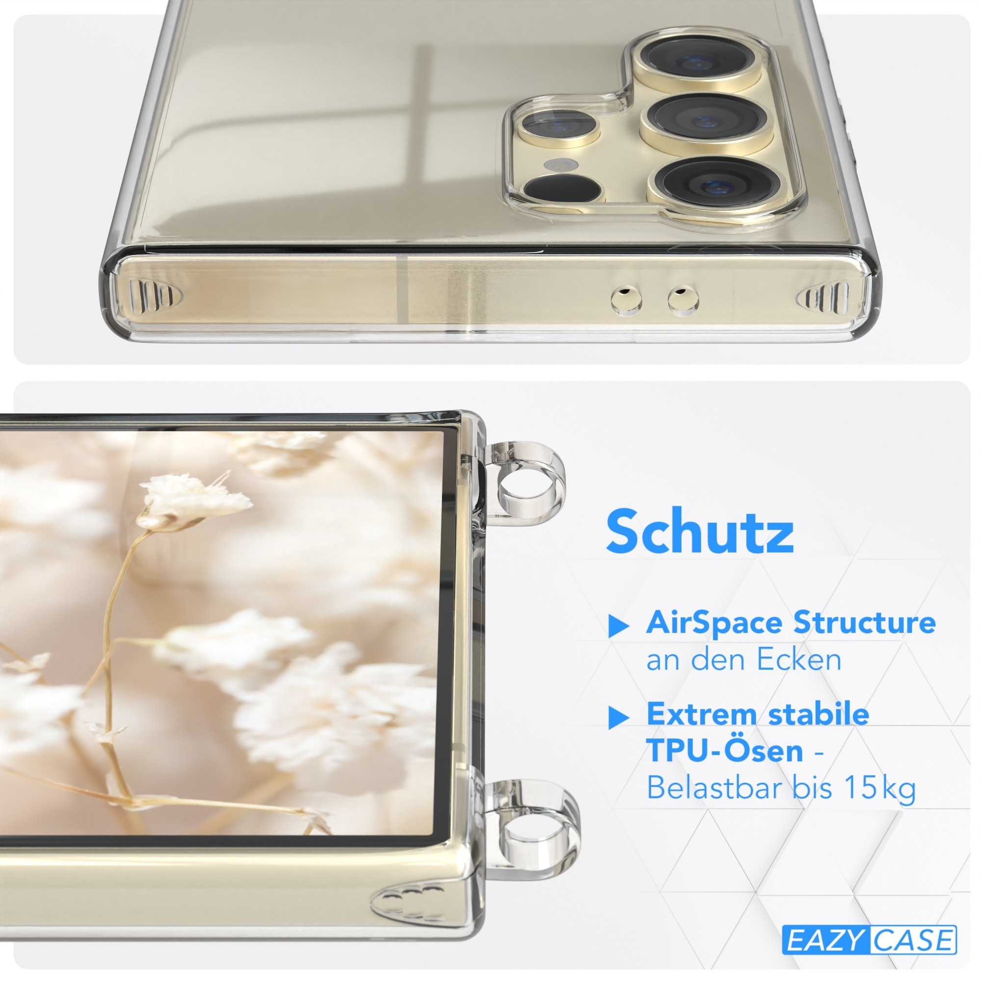 Handyhülle mit Telefon im Inneren. Schutzfunktionen mit Text hervorgehoben.
