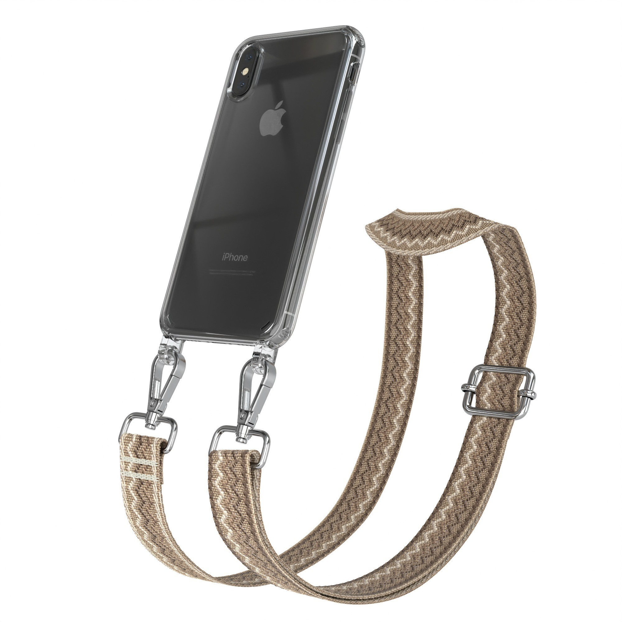 Transparente Handyhülle mit Telefon und gemustertem beigem Band mit Metallclips und Schnalle.