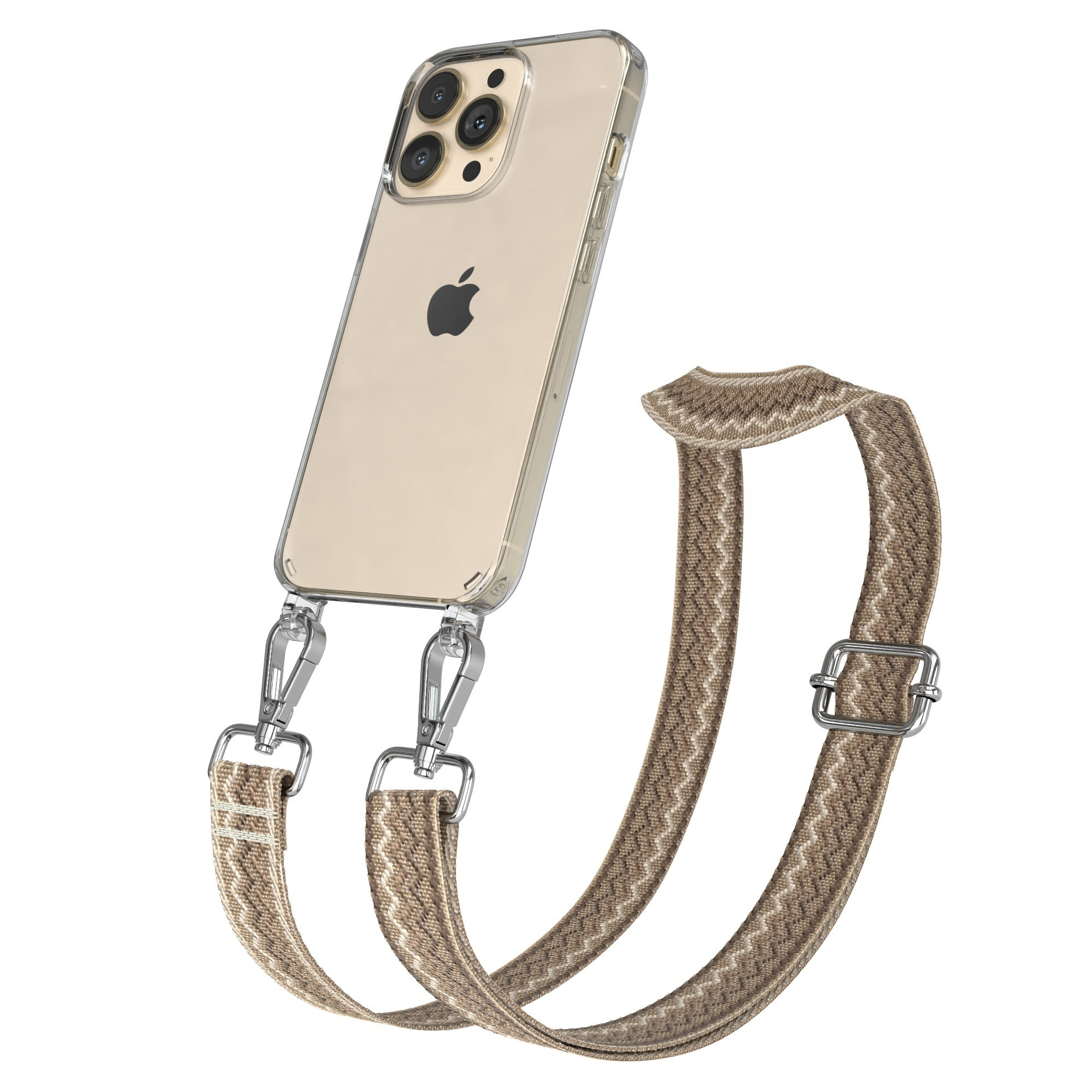 Transparente Handyhülle mit braun-weiß gemustertem Gurt. Das Telefon hat ein schwarzes Apple-Logo.