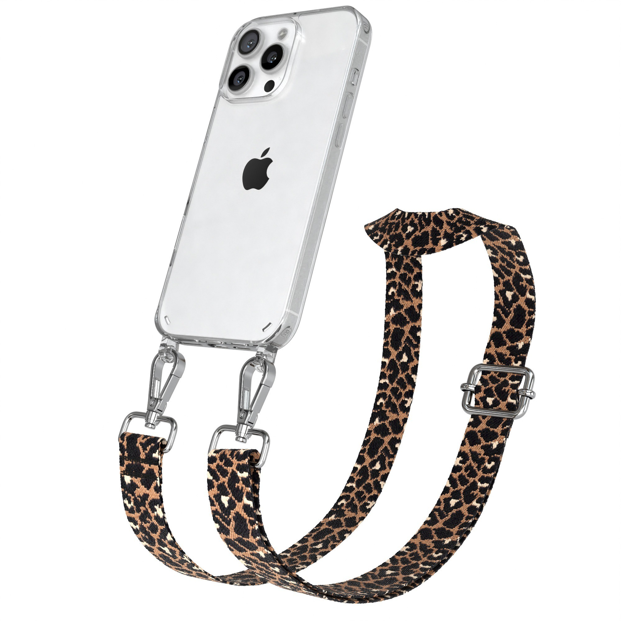 Transparente Handyhülle mit Leopardenmuster-Gurt, Telefon ist klar. Gurt hat silberne Hardware.
