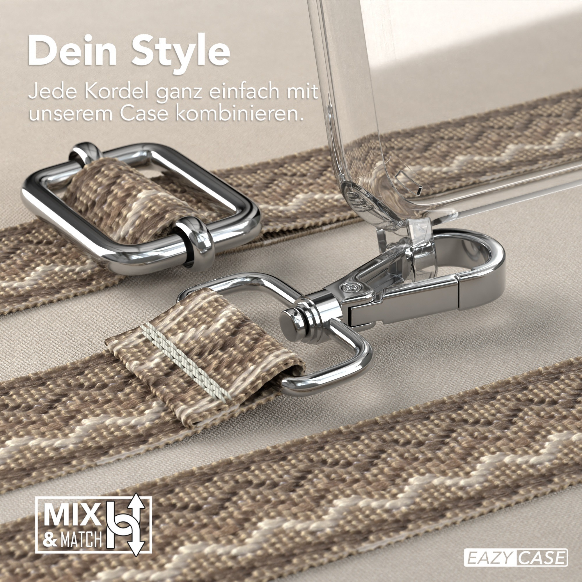 Nahaufnahme eines Telefonriemens mit Metallverschluss und gemustertem Stoff.