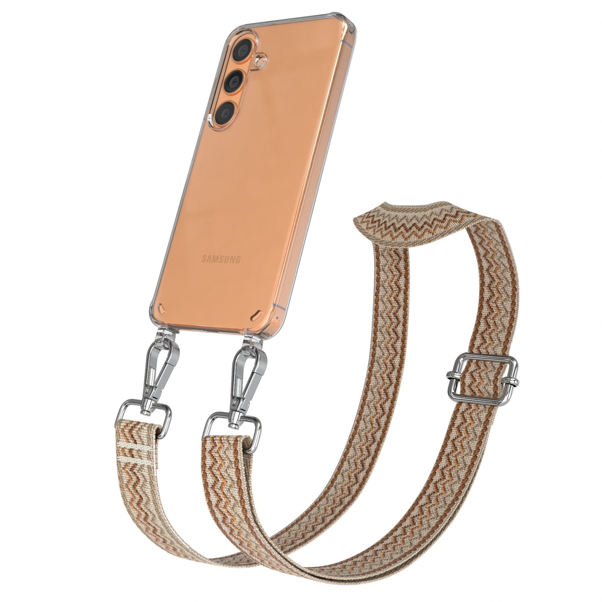 Ein Telefon mit klarer Hülle und Stoffband. Das Band ist braun und beige.