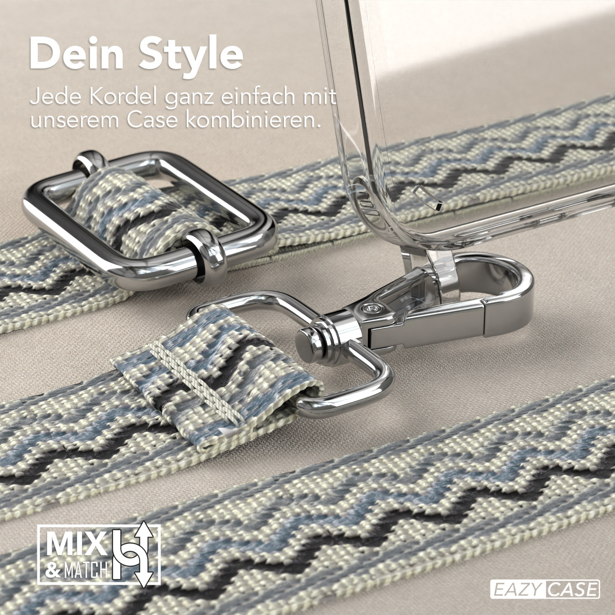 Nahaufnahme einer Handyhülle mit gewebtem blauen Gurt, silbernen Verschlüssen und dem Wort „Mix & Match“.