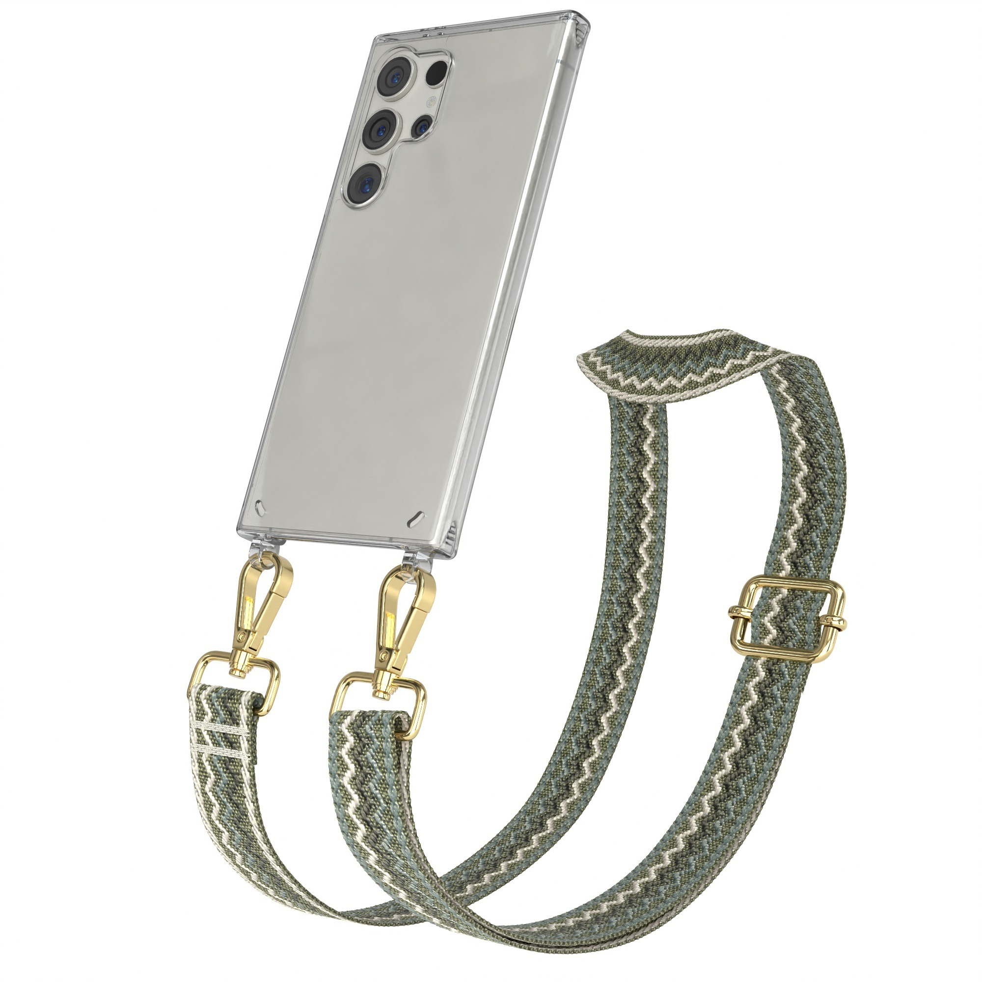 Transparente Handyhülle mit Telefon und einem Riemen mit Webmuster und goldenen Verschlüssen.
