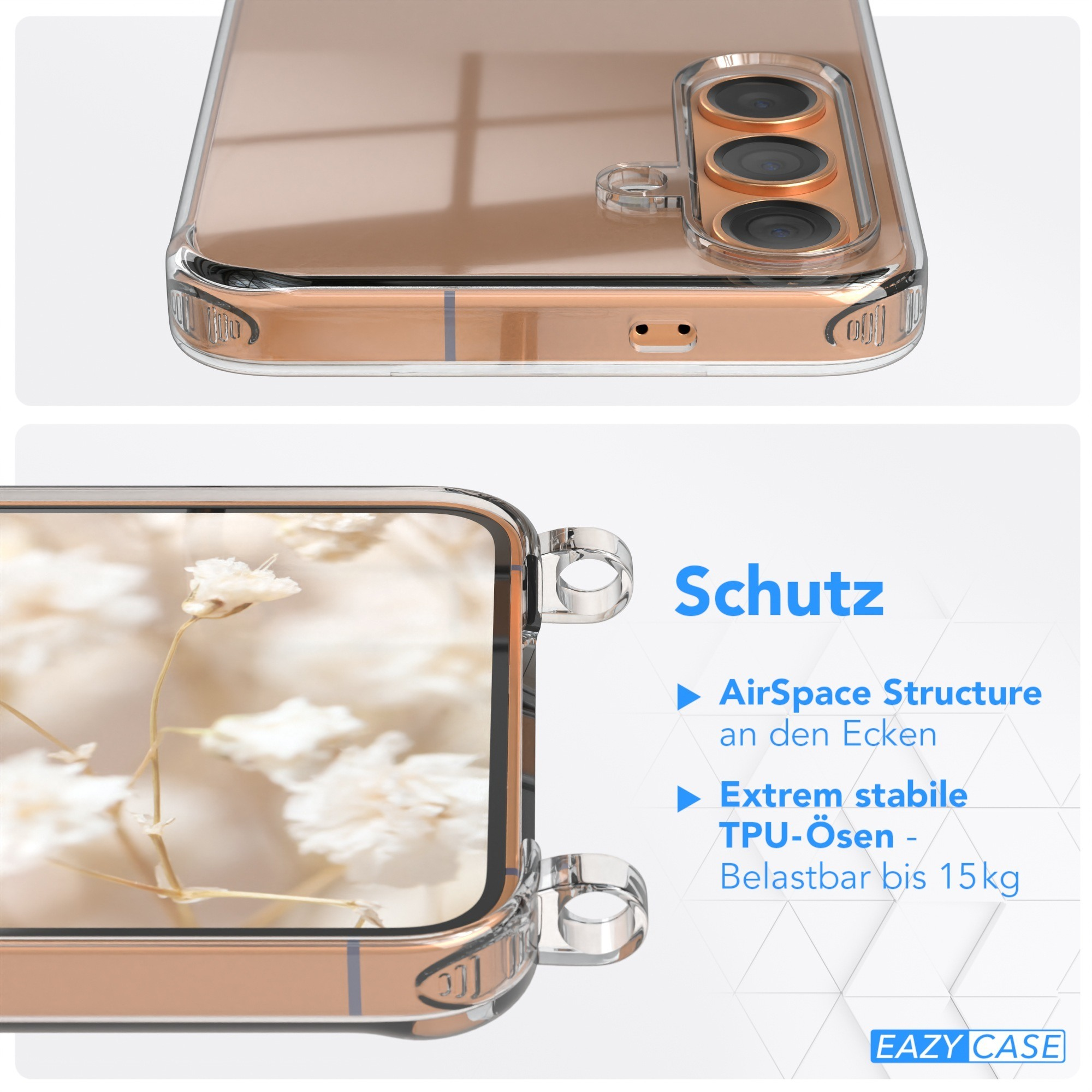 Nahaufnahme einer transparenten Handyhülle. Die Hülle schützt ein Telefon mit goldenem Hintergrund.