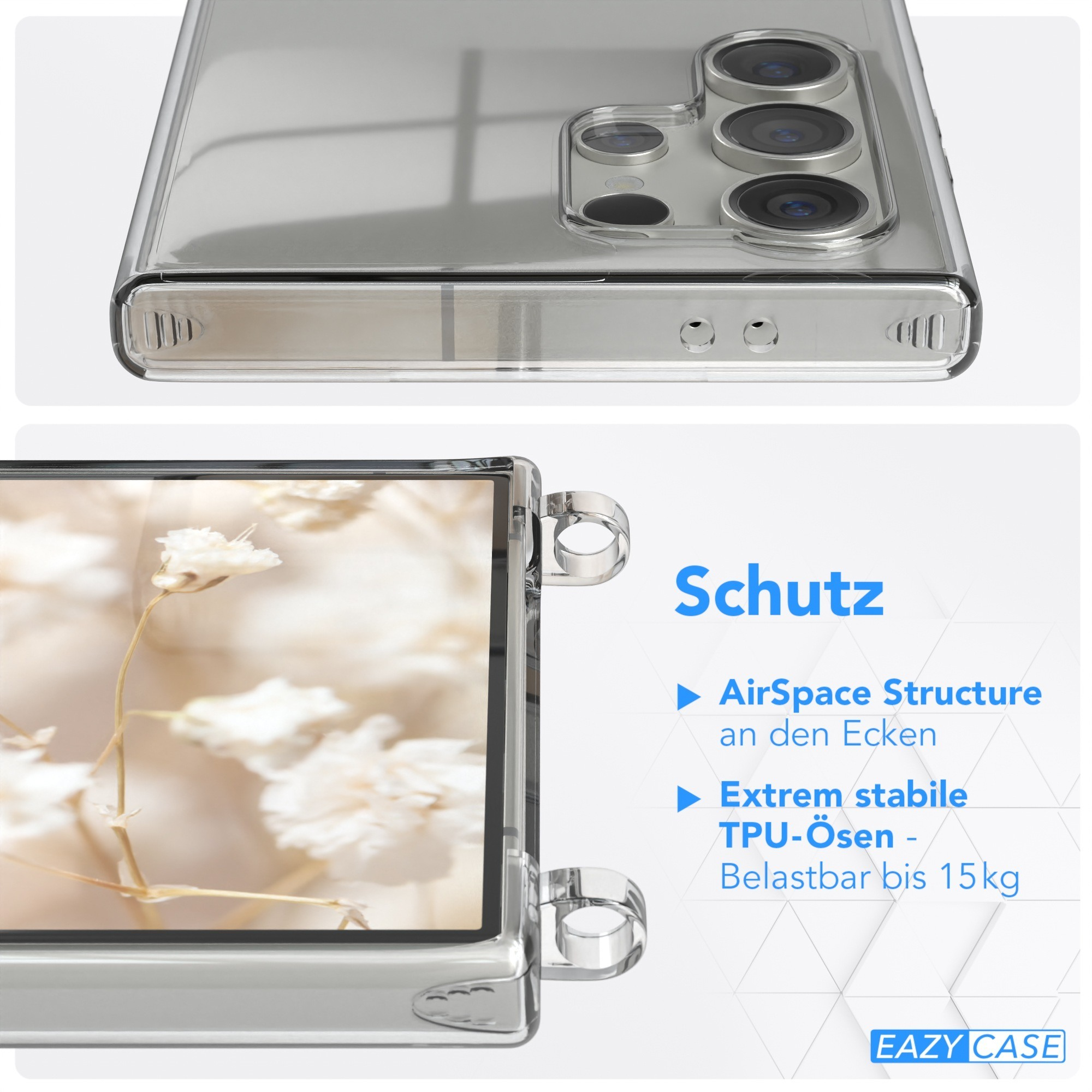 Transparente Handyhülle mit Text zum Schutz und weißen Blumen im Hintergrund.