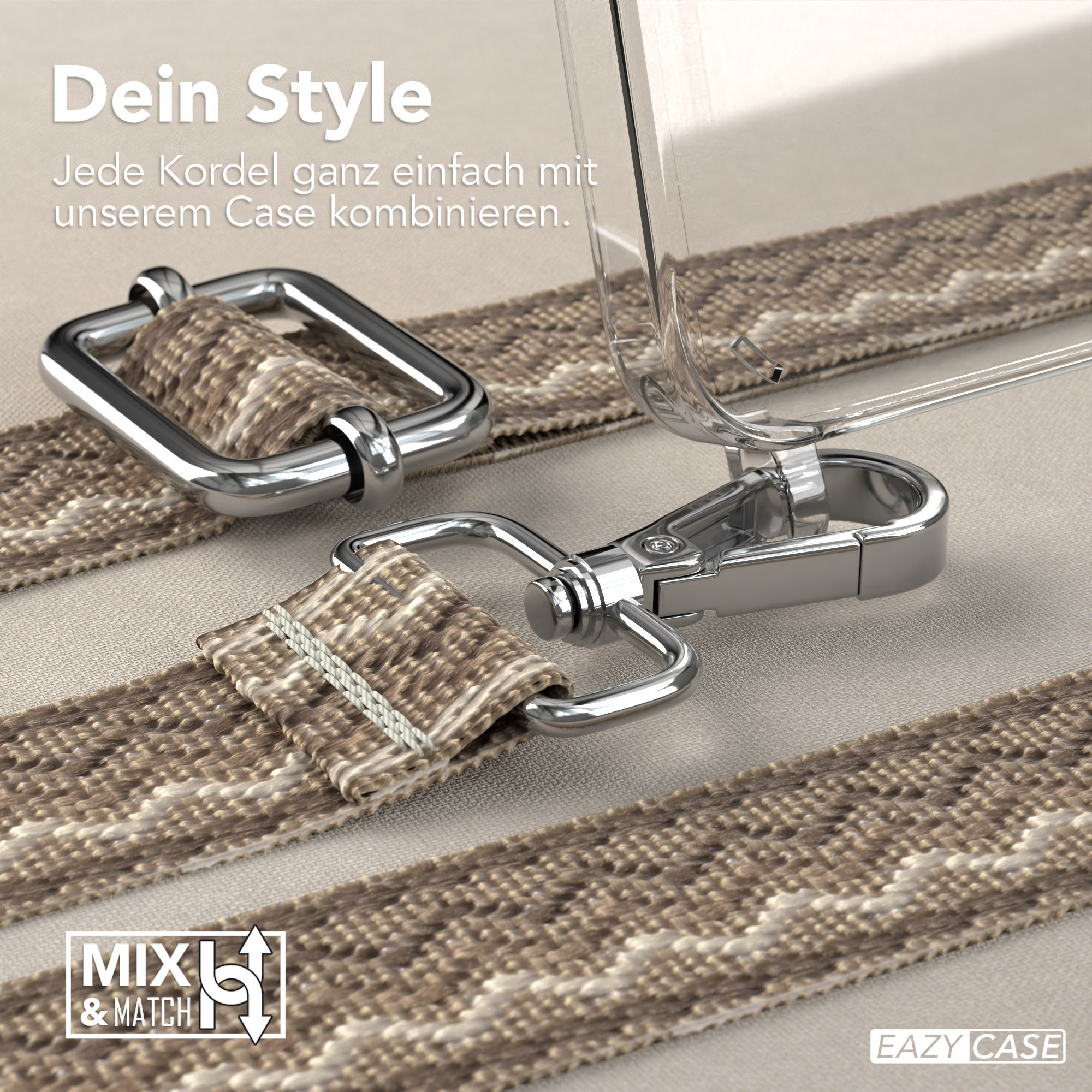 Nahaufnahme eines Handyhüllenriemens mit beigem Muster.