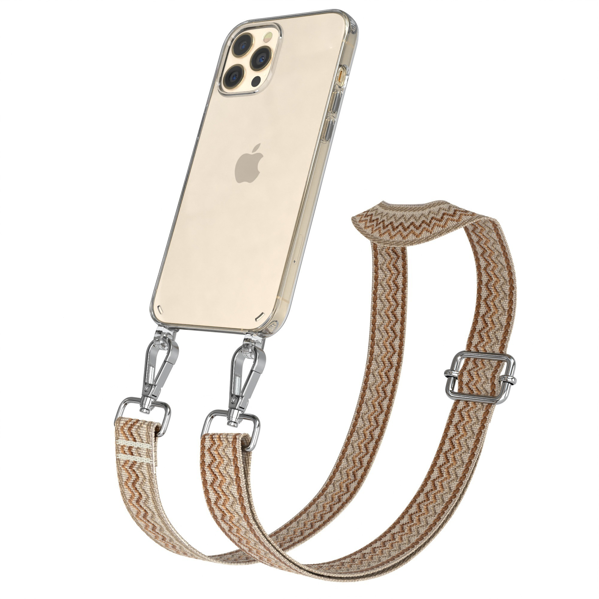 Klare Handyhülle mit Riemen. Der Riemen ist braun mit einem Muster. Das Telefon ist abgewinkelt.