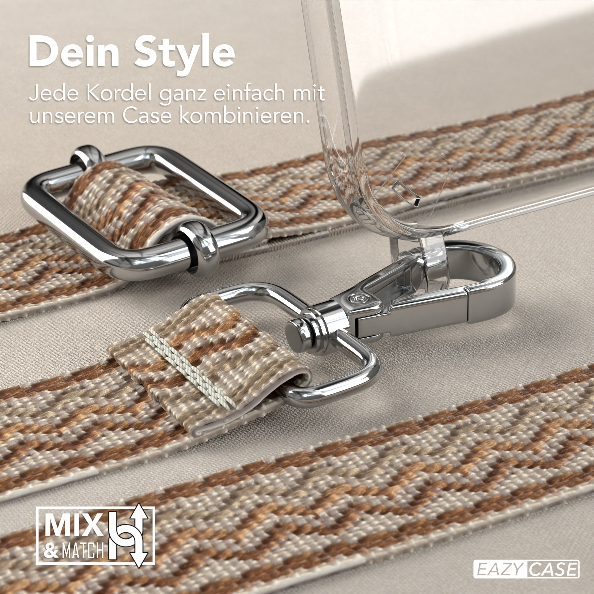 Nahaufnahme von Handyhüllenriemen mit Metallverschlüssen; Stoffstruktur.