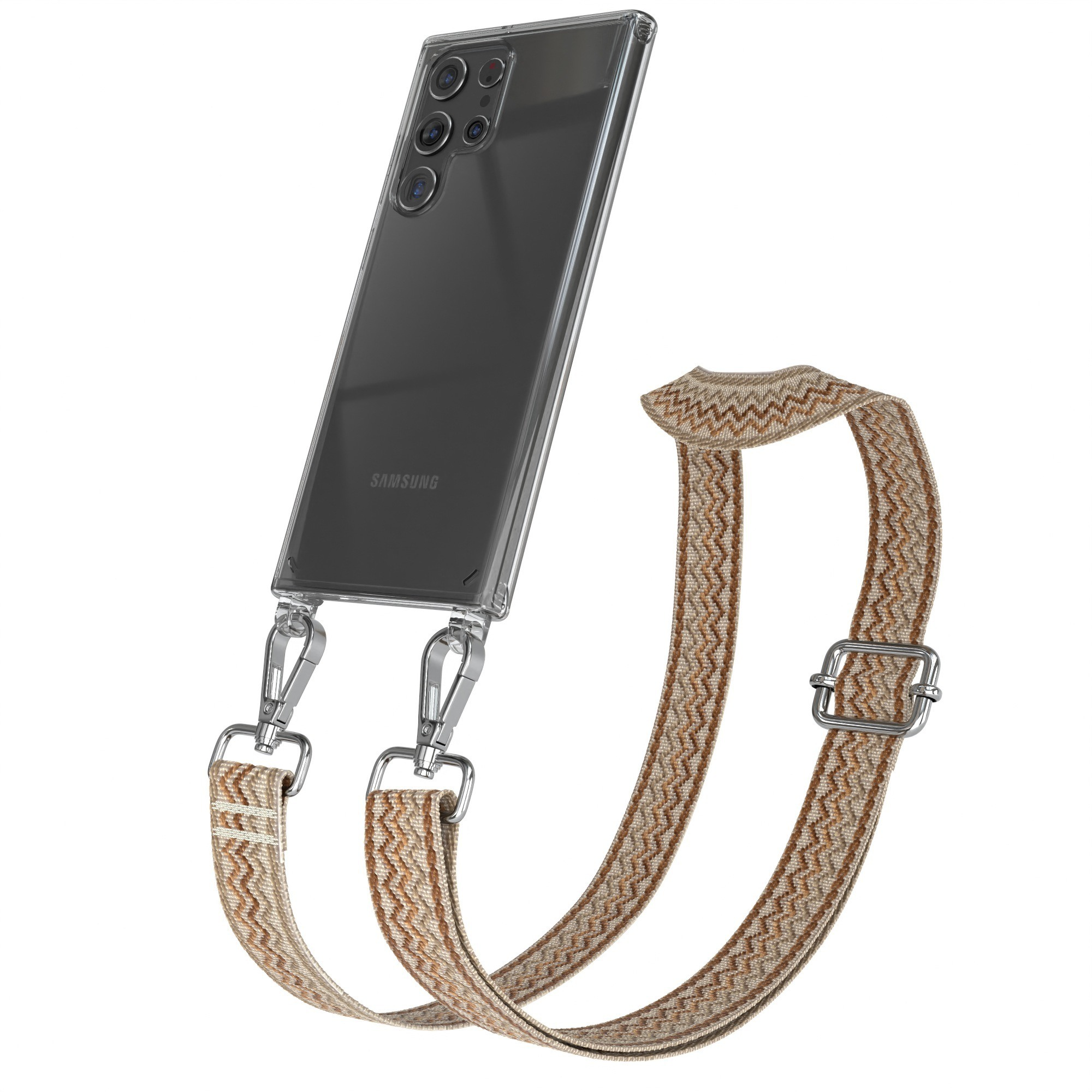 Transparente Handyhülle mit Telefon und beigefarbenem, gemustertem Trageriemen mit silberfarbenen Verschlüssen.