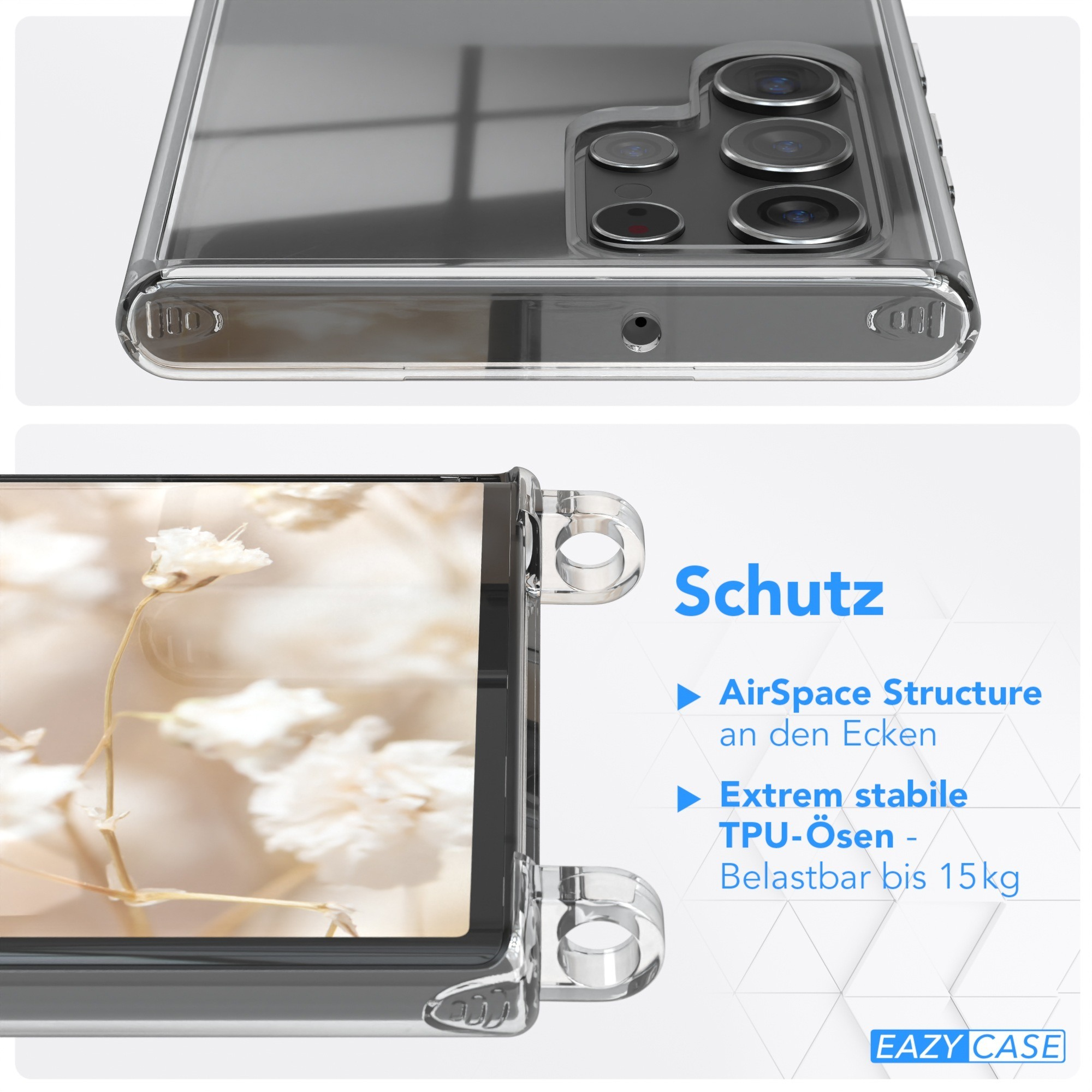 Nahaufnahme einer Handyhülle mit Telefon darin. Die Hülle hat einen schwarzen Hintergrund.