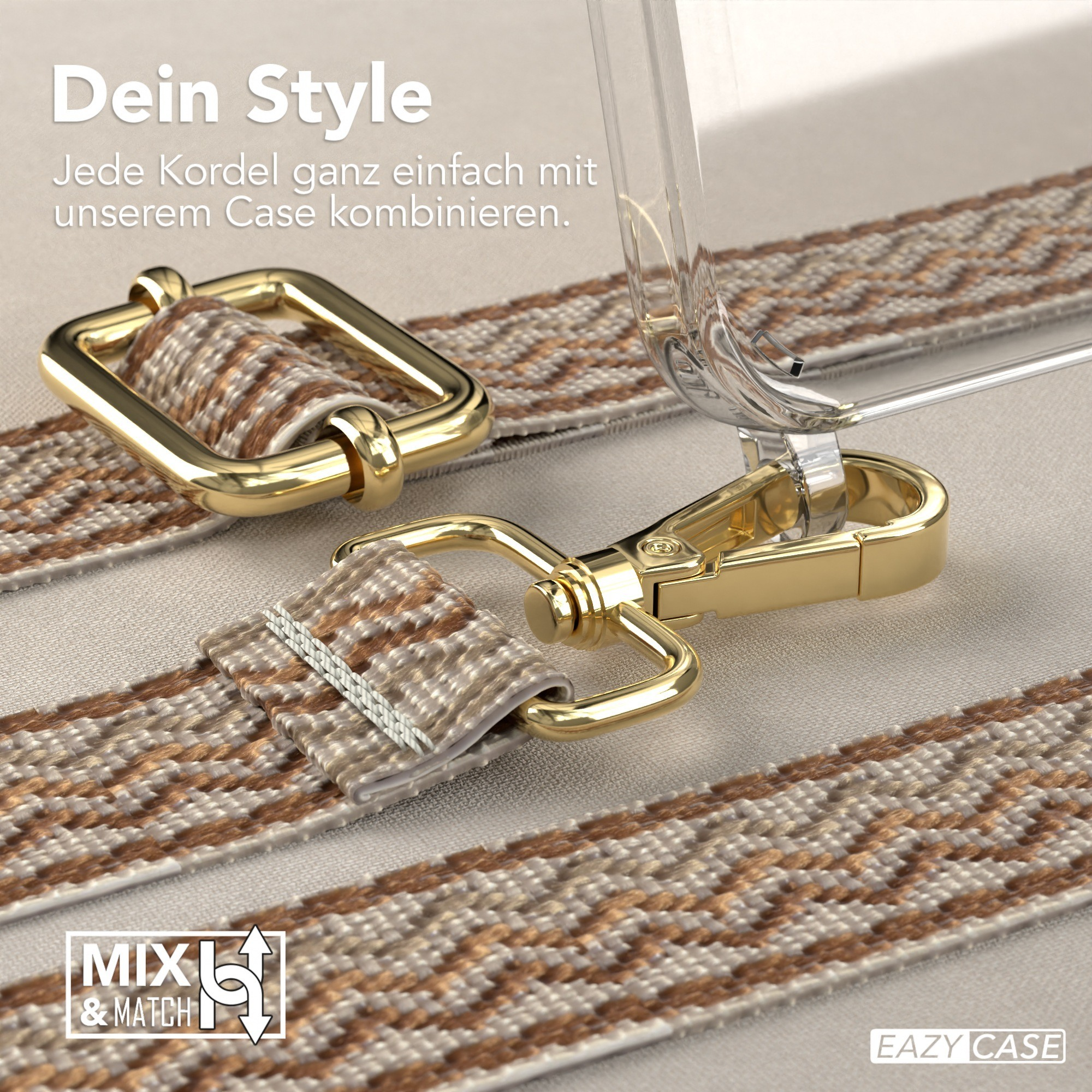 Nahaufnahme einer Handyhülle mit Riemen und goldenen Anschlüssen. Hülle liegt auf neutraler Oberfläche.