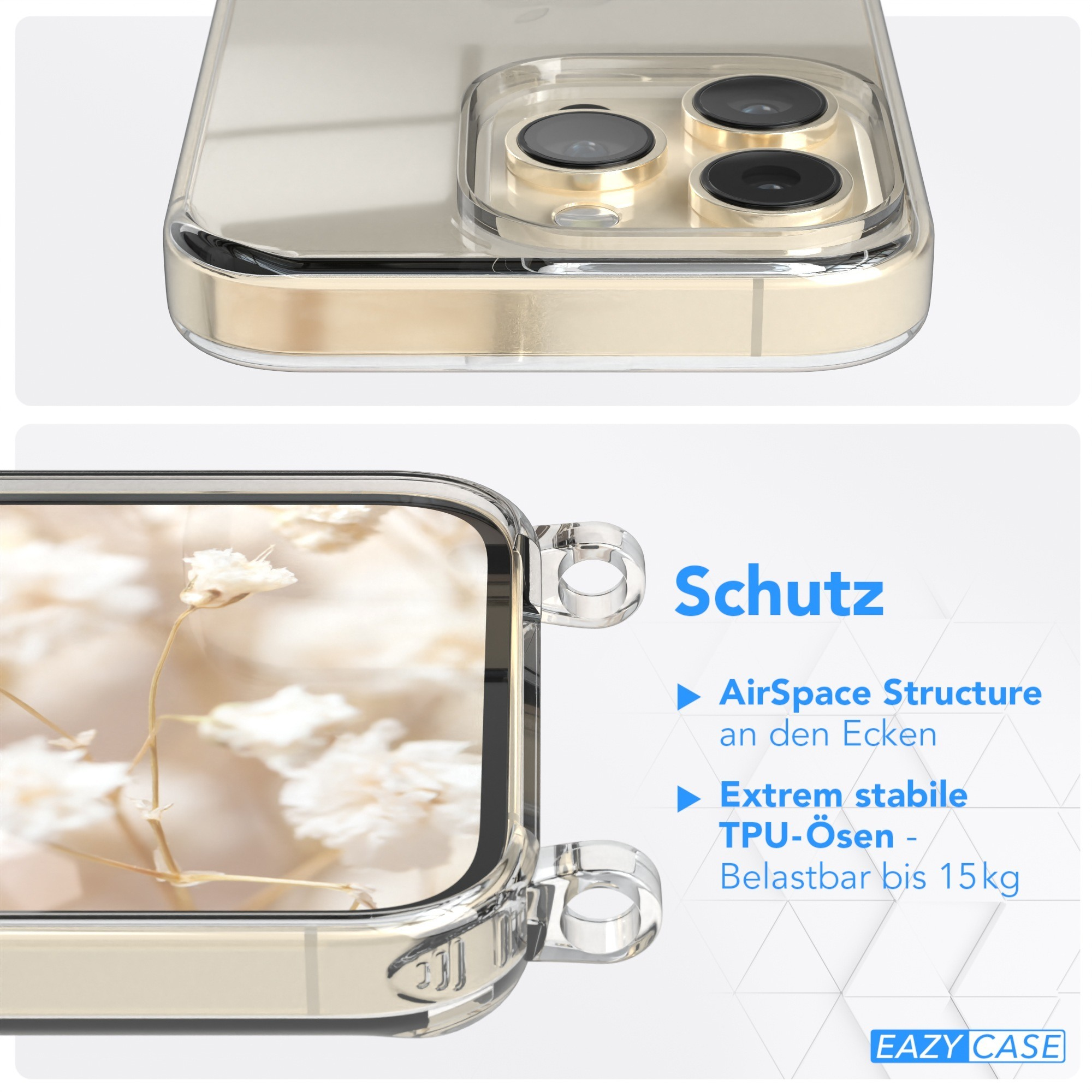 Transparente Handyhülle mit goldenem Telefon. Text: Schutz, AirSpace Structure, Extrem stabile TPU-Ösen.