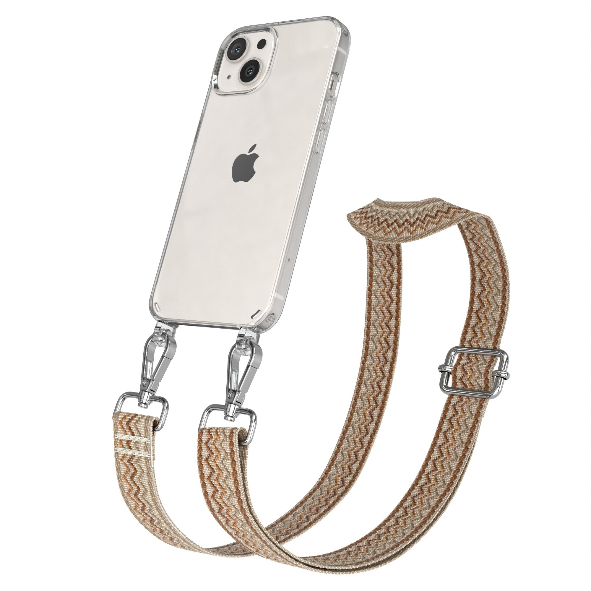 Klares iPhone mit beigem geometrischem Riemen. Silberne Verschlüsse und Schnalle. Weißer Hintergrund.