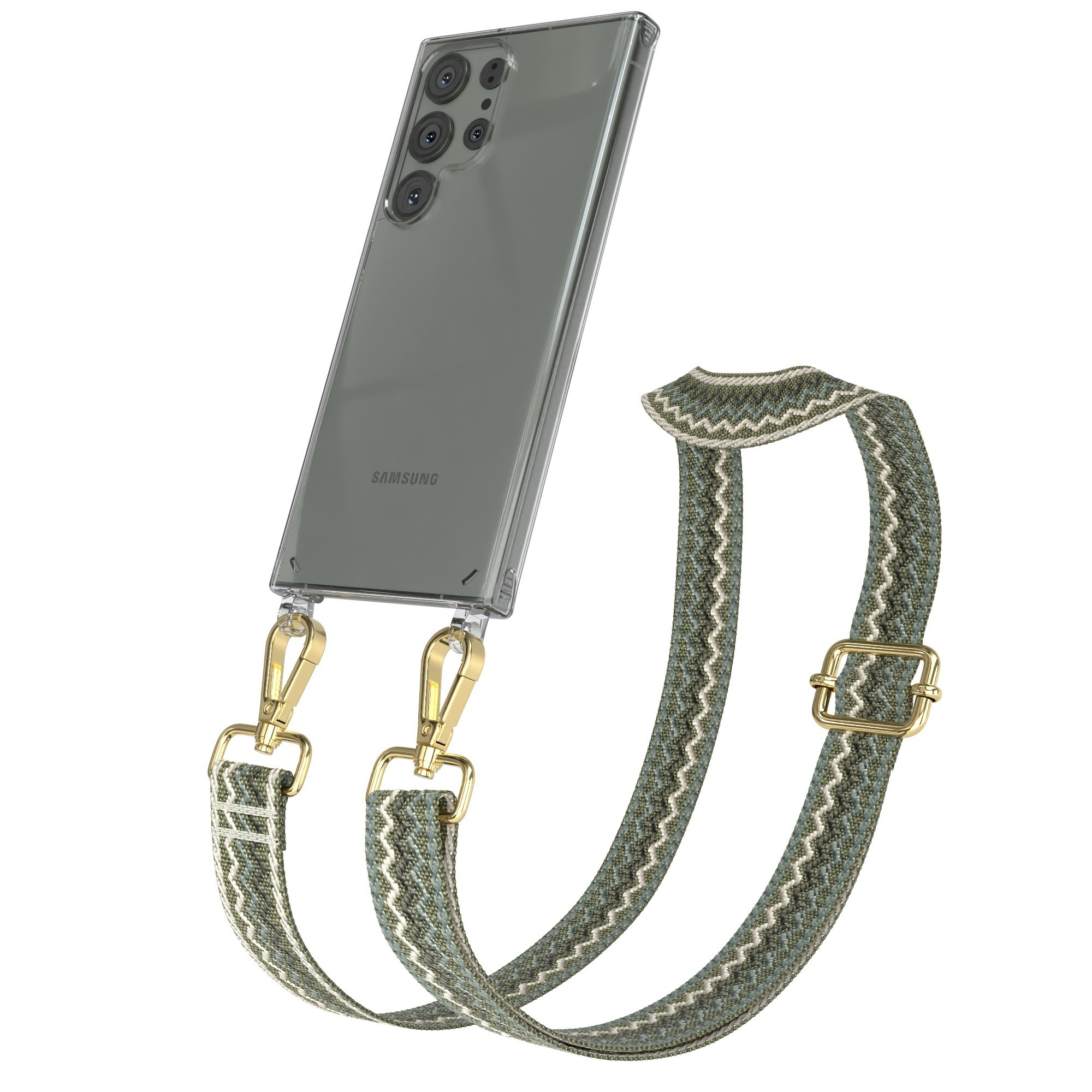 Telefon mit grünem Riemen. Der Riemen ist an der Handyhülle befestigt und hat eine goldene Schnalle.