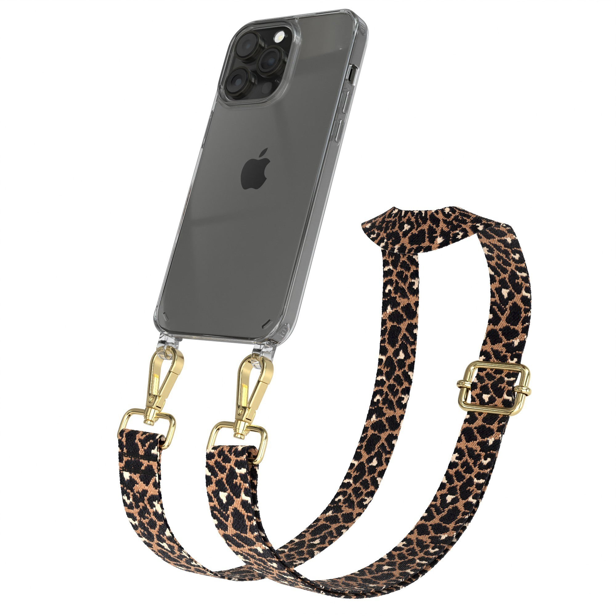 Telefon mit transparenter Hülle und Leopardenmuster-Riemen. Goldene Haken und Schnalle.