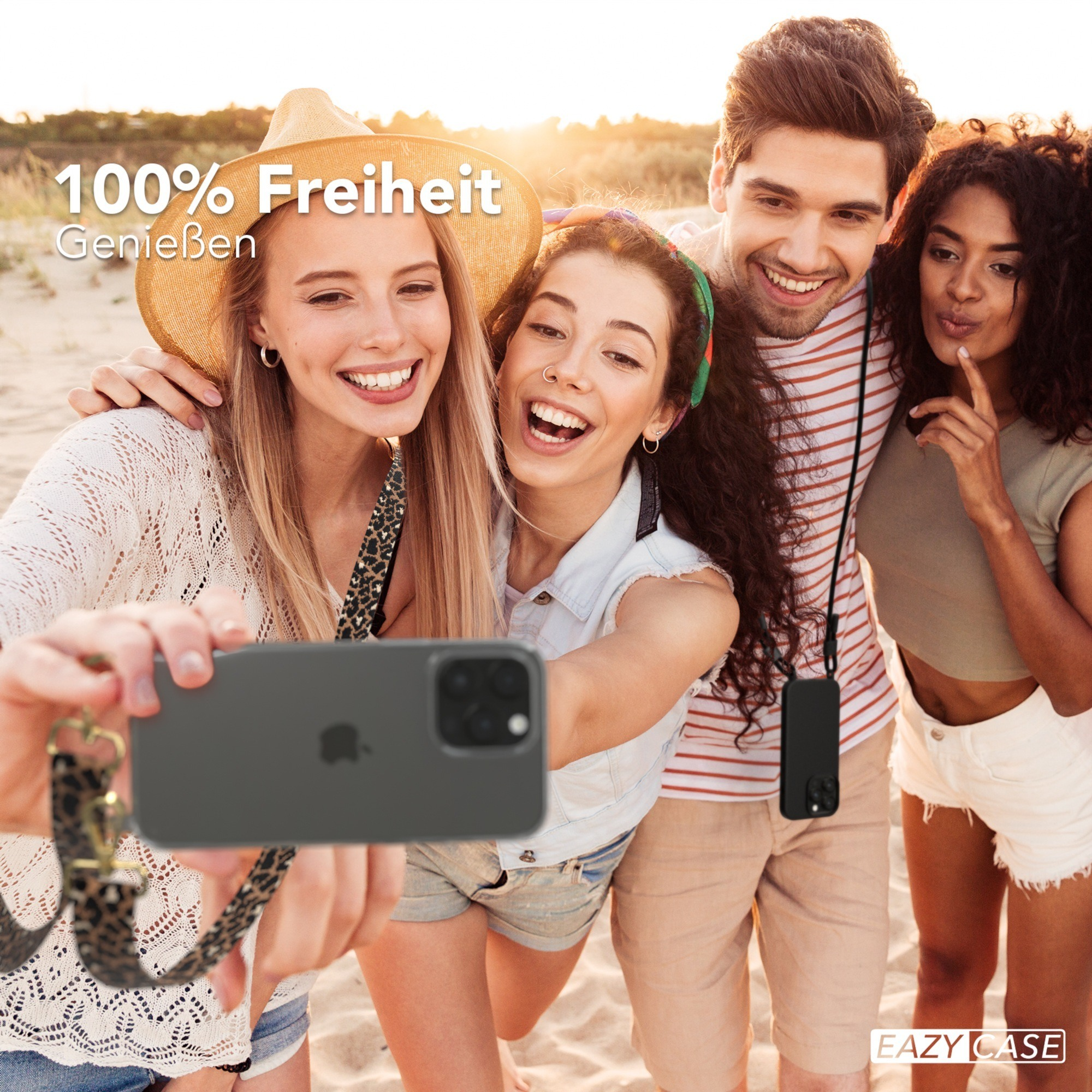 Gruppe von Leuten macht Selfie mit Handy, eine Handyhülle.
