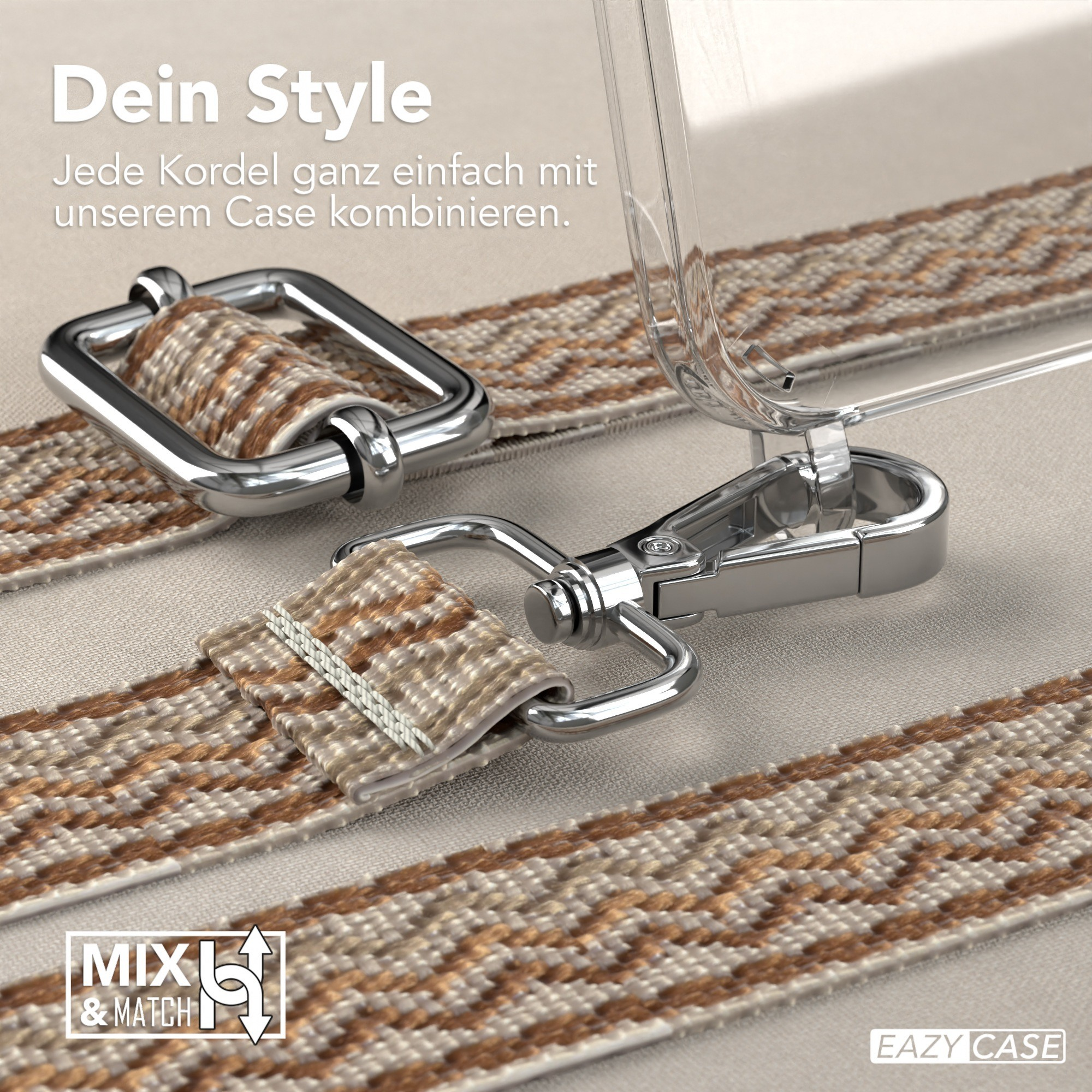 Nahaufnahme von Handyhüllen-Zubehör mit Riemen und Metallverschlüssen. Das Bild hat Text.